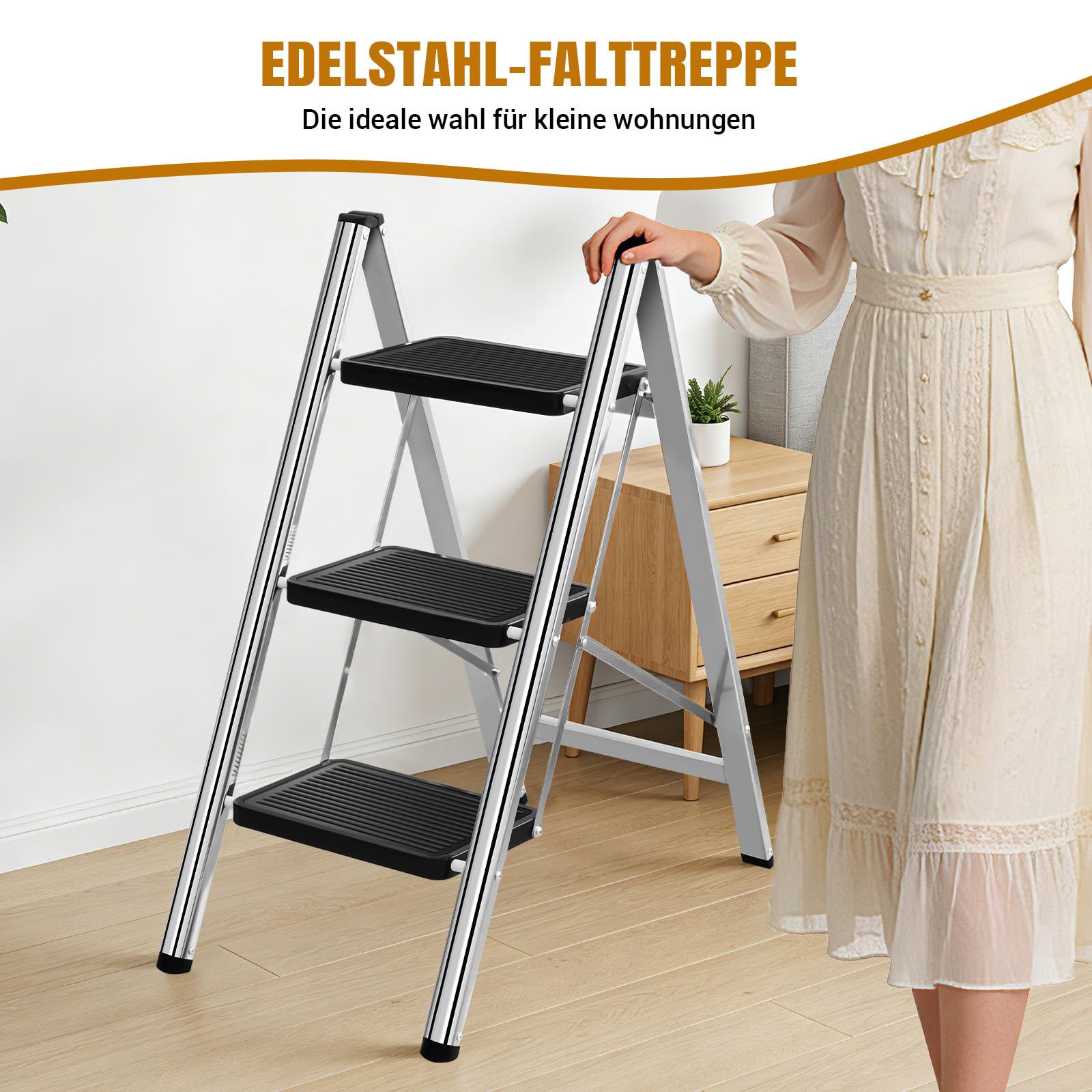 Escalera de 3 peldaños plegable con amplia plataforma antideslizante, escalera de acero inoxidable ligera con capacidad de carga de 150 kg, diseño plegable compacto para el hogar, cocina, autocaravana