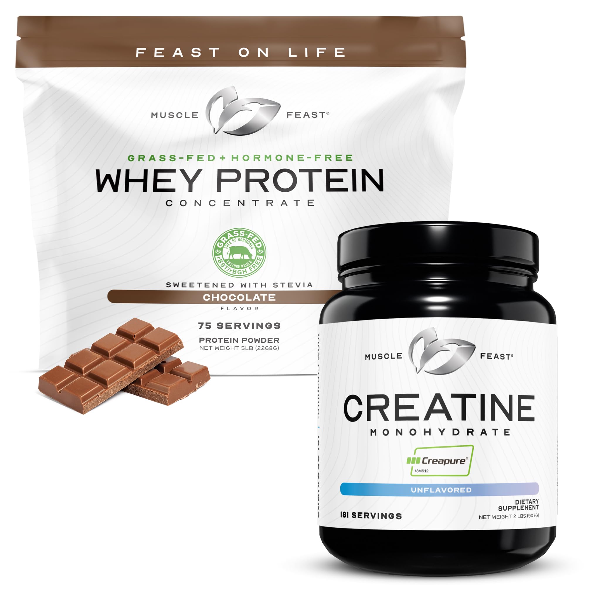 Muscle Feast Bundle – Grass-Fed Whey Protein Concentrate Chocolate 5lb (1 Unit) + Creapure Creatine Monohydrate Powder Unflavored 2lb (1 Unit), All Natural Horm