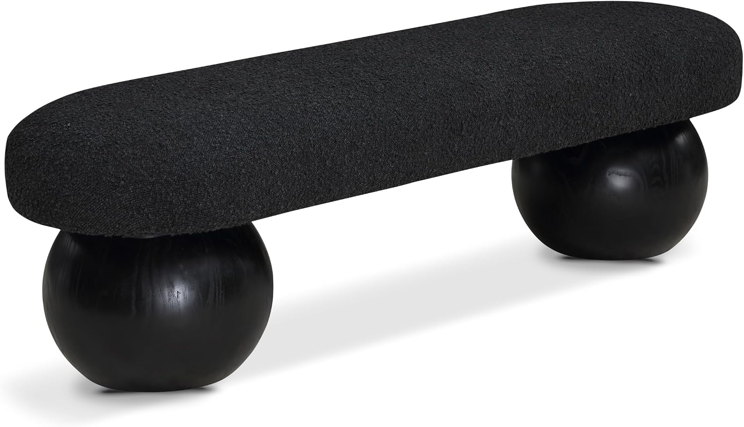 Meridian Furniture 22043Black Bowie Collection Art Deco Bench with Rich Black Boucle Fabric, Black Finish Solid Ash Wood Ball Shape Legs, 59.5" W x 18" D x 17" H, Black