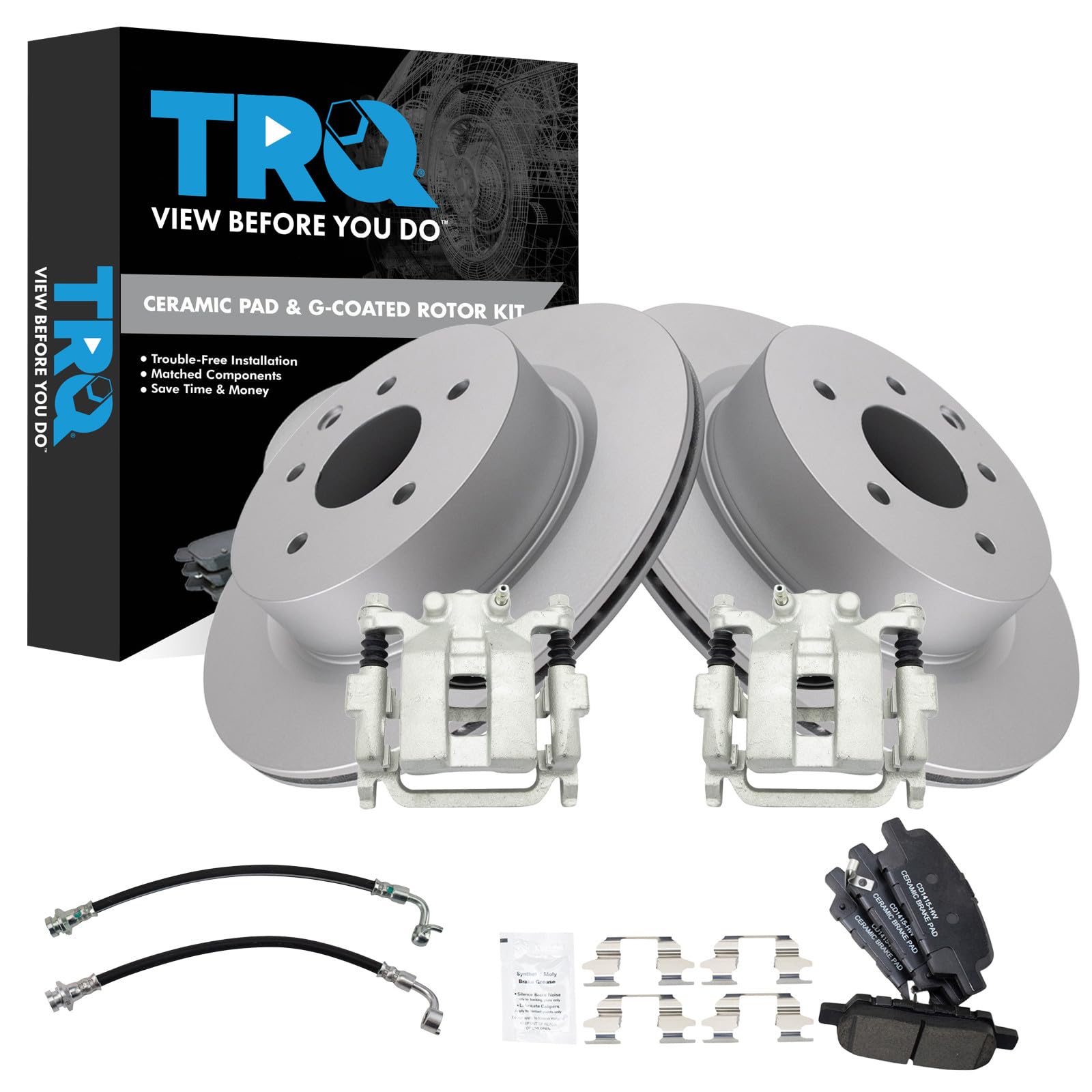 TRQ Rear Brake Pad and Rotor Set Ceramic Coated Rotors Calipers Compatible with 2005-2007 Infiniti G35 2007-2008 Nissan 350Z