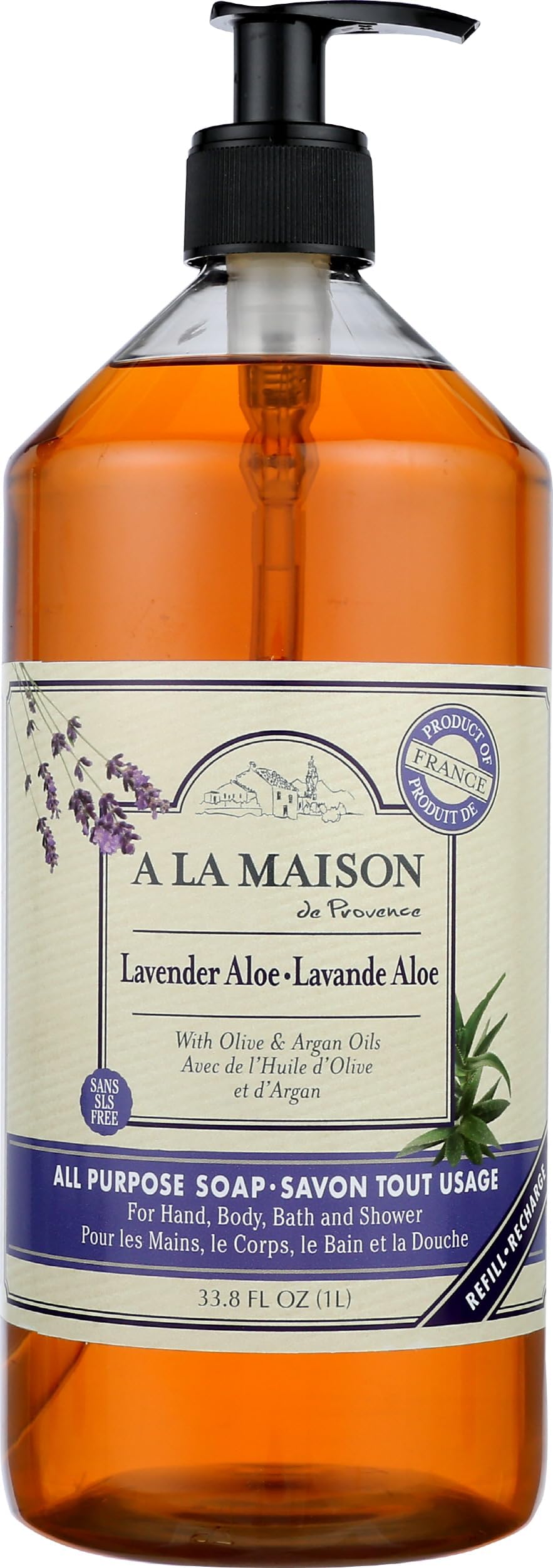 A LA MAISON French Liquid Hand Soap, Lavender Aloe - Natural Hand Wash Made with Essential Oils - Biodegradable, Plant-Based, Vegan, Cruelty-Free, Alcohol & Paraben Free (33.8 oz, 1 Pack)