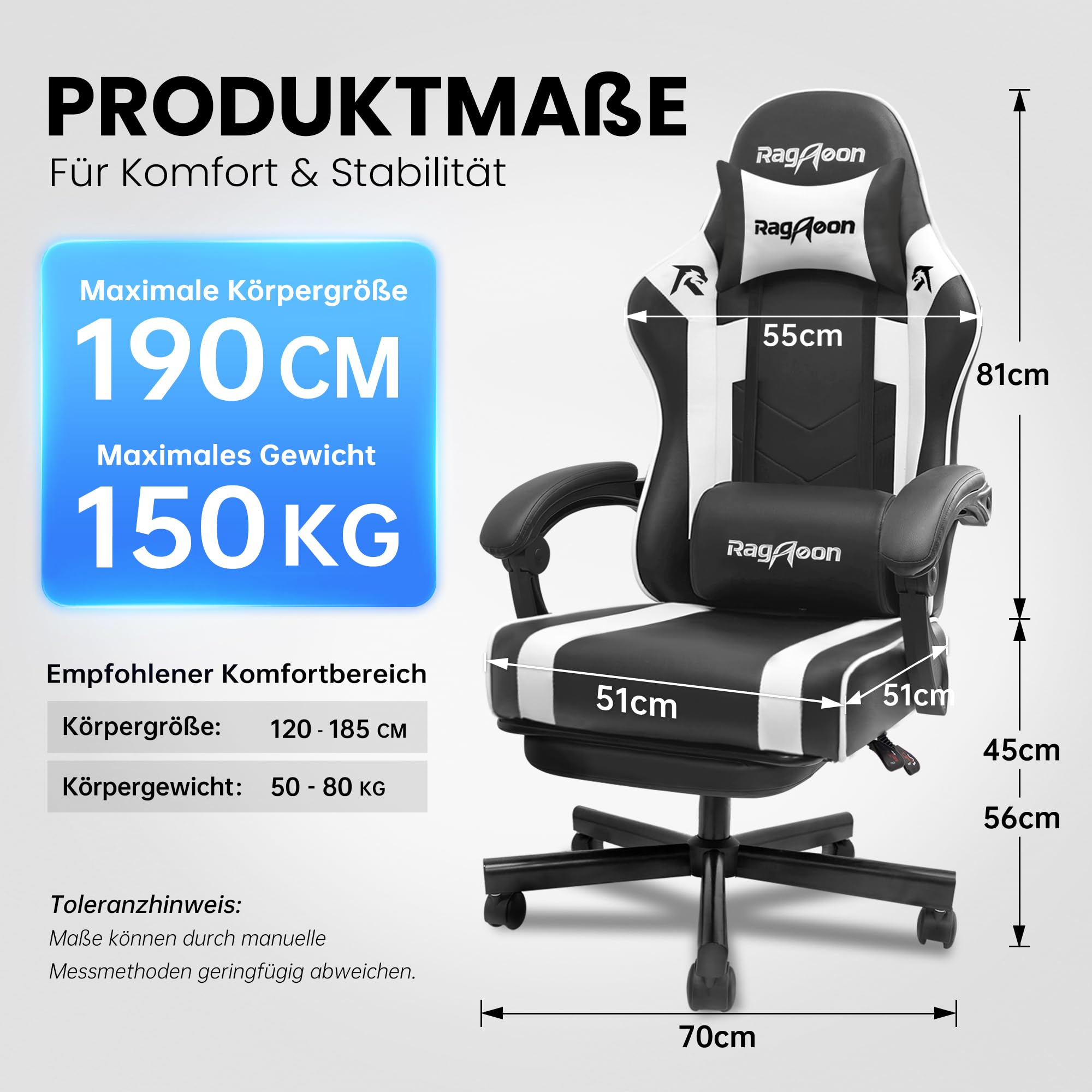Gaming Stuhl – Ergonomischer Gamer Sessel mit Fußstütze, Kopfstütze und Lordosenstütze, höhenverstellbar, gepolstert, Tragkraft 150 kg, Schwarz