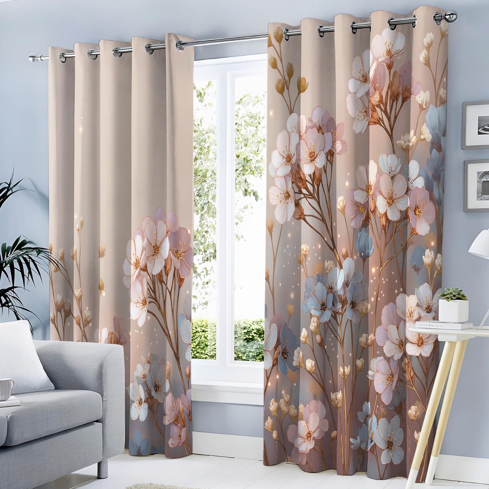 Rideaux thermiques à oeillets occultants fleurs sauvages rose bloquent lumière et froid salon