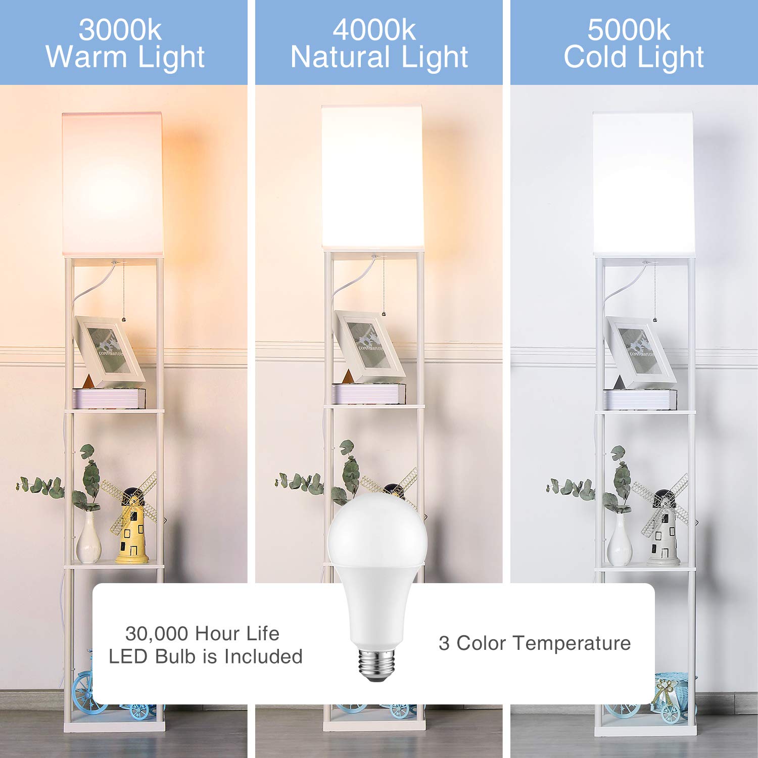 BBHome Moderna lampada a stelo con ripiani in legno, 3 temperature di colore, dimmerabile, lampada a LED per soggiorno, camera da letto, lampadina da 9 W inclusa (bianco)