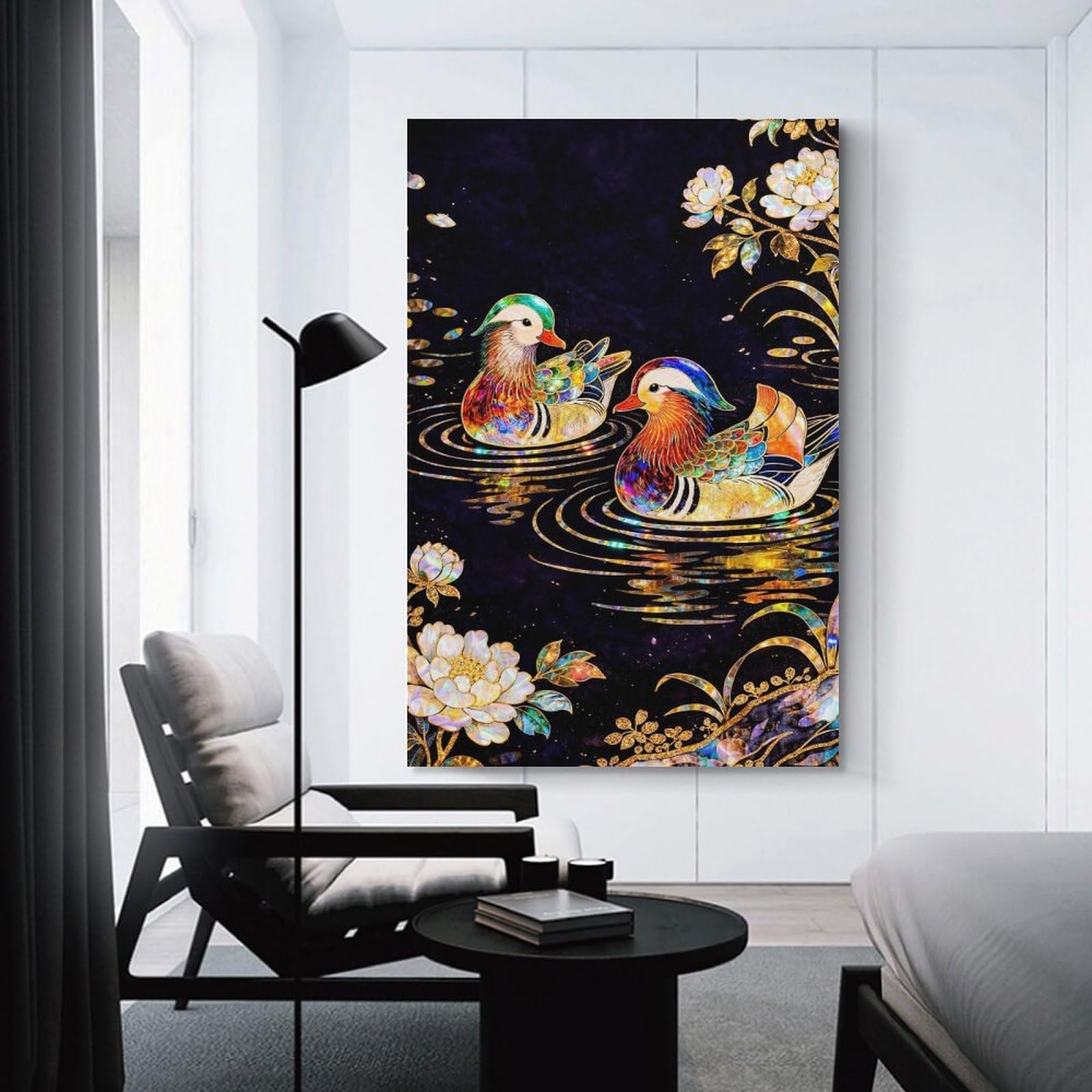 Junmoney Mandarin Ducks And Flowers Room Decor Wall Art, 24x36inch(60x90cm), for Hallway, Lounge Or Guest Room, Gift Idea for Housewarming And Birthdays