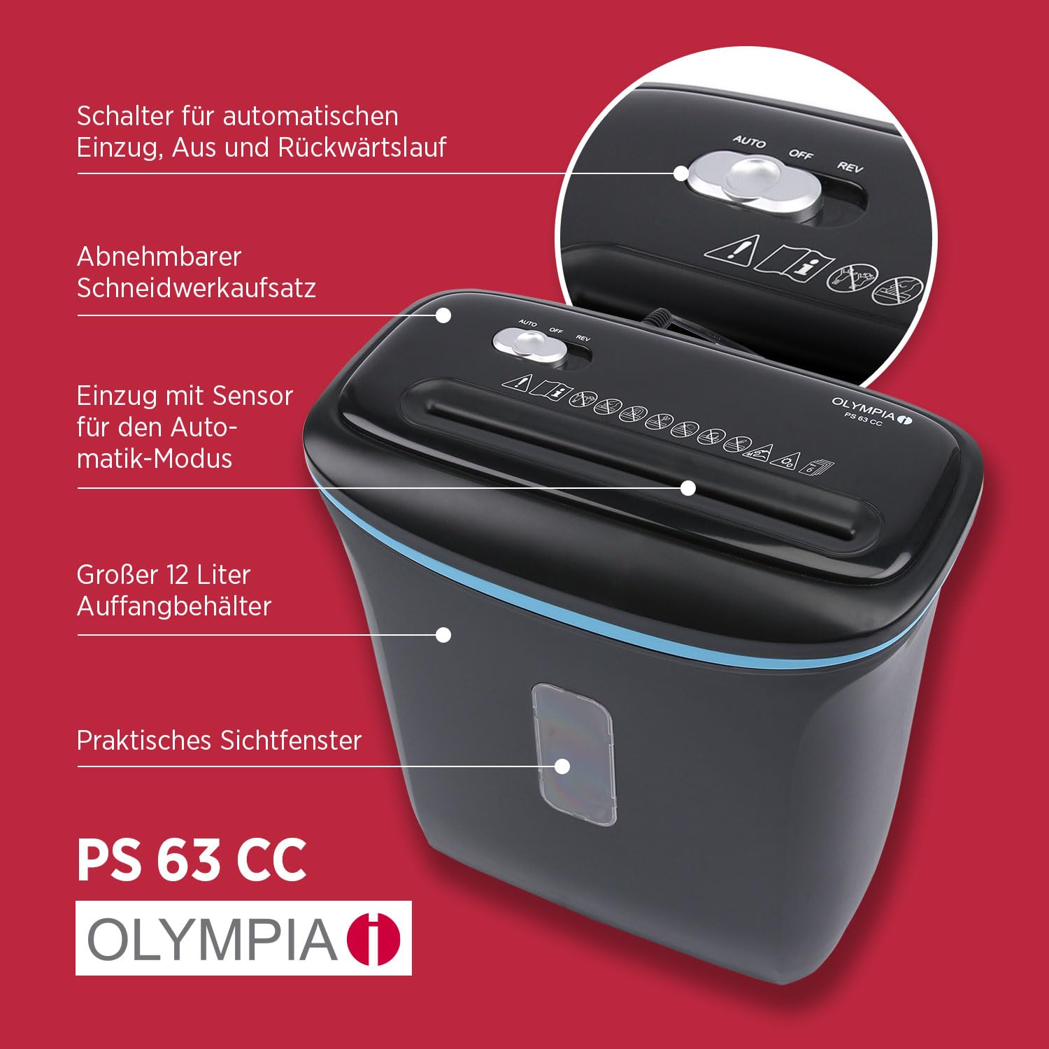 Olympia PS 63 CC niszczarka do dokumentów, cięcie krzyżowe, do 6 arkuszy, cięcie cząstek 4 mm, niszczarka papieru i kart kredytowych, poziom bezpieczeństwa P4, cicha praca 70 dB, pojemnik na ścinki 12
