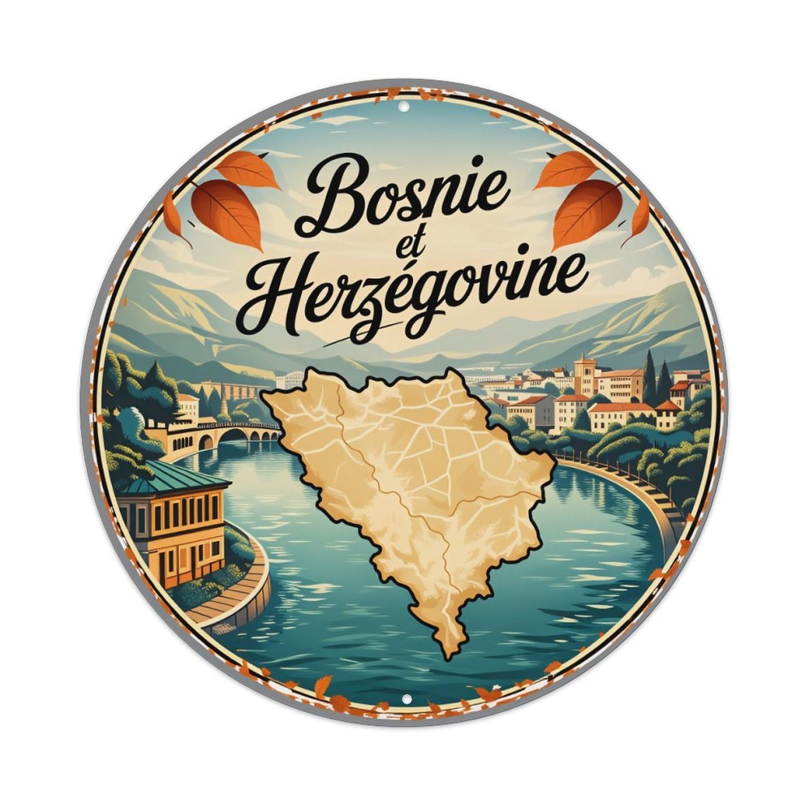 Lzwbntey Vintage Bosnia Map River Town Mountains Metal Tin Sign Retro Wall Decor For Home Bar Garage Cafe, Indoor & Outdoor Decorative，Circle Metal Poster, 8X8 Inch