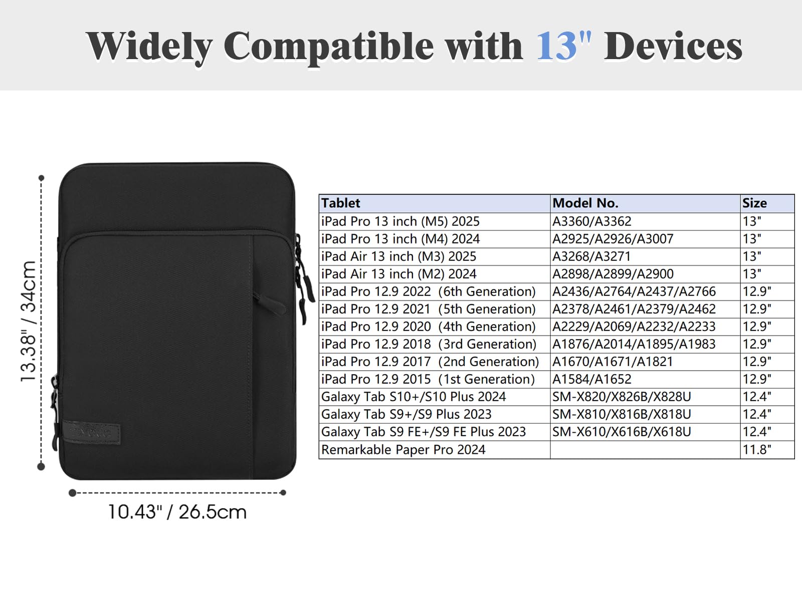 TiMOVO 13 Pouces Etui pour Tablette avec Bandoulière pour iPad Air 13", iPad Pro 13"/ Pro 12.9", Surface Pro 12, Galaxy Tab S10 Plus/S10 FE+/S10 FE Plus, Remarkable Paper Pro 11.8", Noir