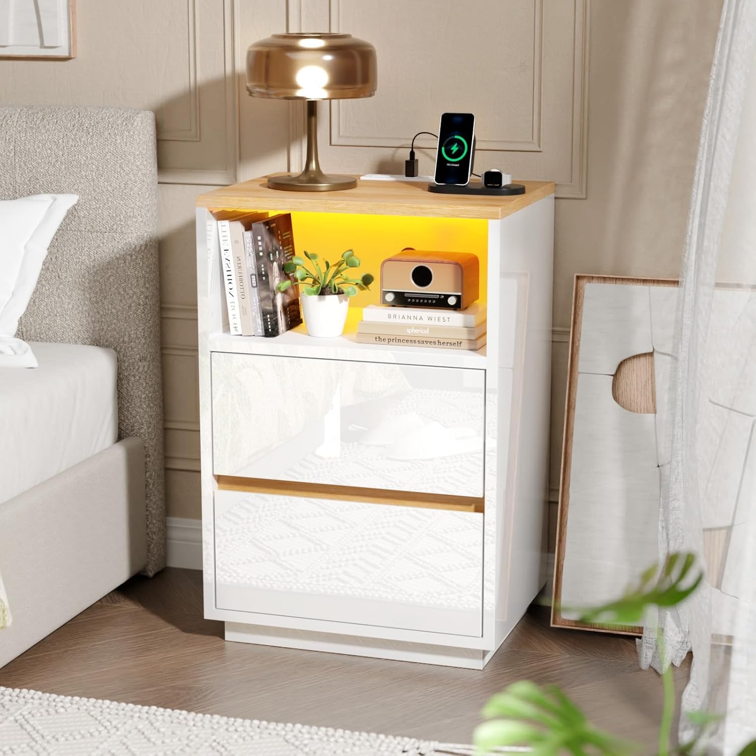 LEADZM Table de Chevet Lot de 2 avec lumières LED avec Station de Charge et Ports USB,Table d'appoint, Commode de Nuit, 40 x 30 x 60cm, Blanc Brillant Fiche européenne