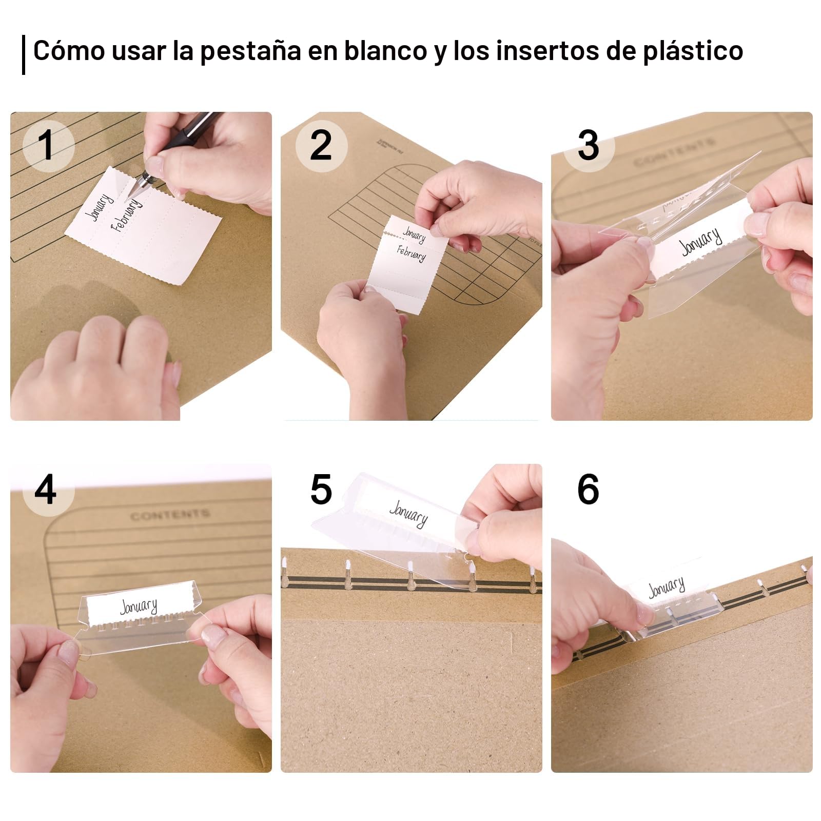 25 piezas Carpeta Colgante DIN A4 de Papel Kraft, con Pestañas de Plástico Transparente y Tarjeta en Blanco para Oficina, Escuela, Hogar (Marrón)