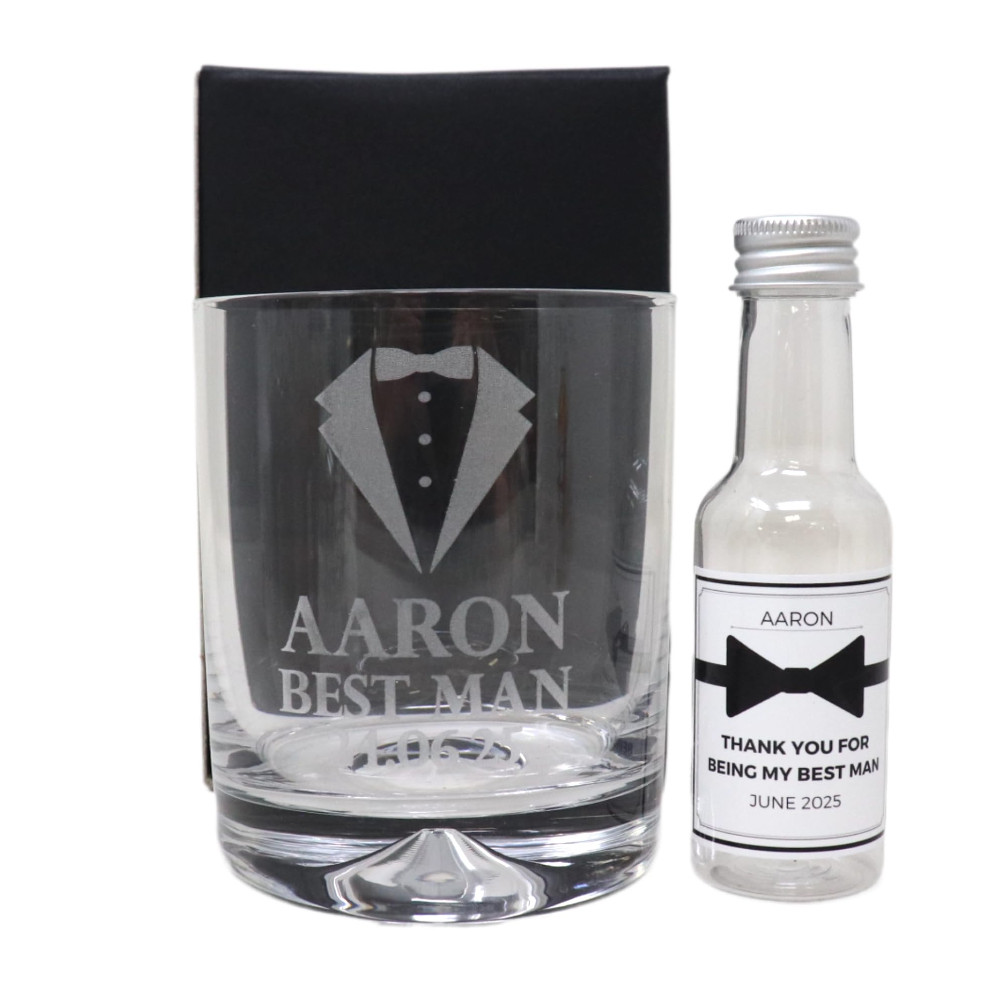 Regalo Engraved Best Man Wedding Glass Tumbler & Personalised Miniature Bottle Gift Set for Usher | Groomsman | Groom | Father of The Bride | (Empty Bottle/Cardboard Gift Box)