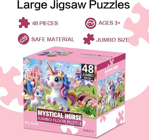 Miniatura 4 de Rompecabezas de suelo jumbo para niños, rompecabezas grandes de unicornio de 48 piezas, rompecabezas para niños de 3 a 5 años, divertido juguete