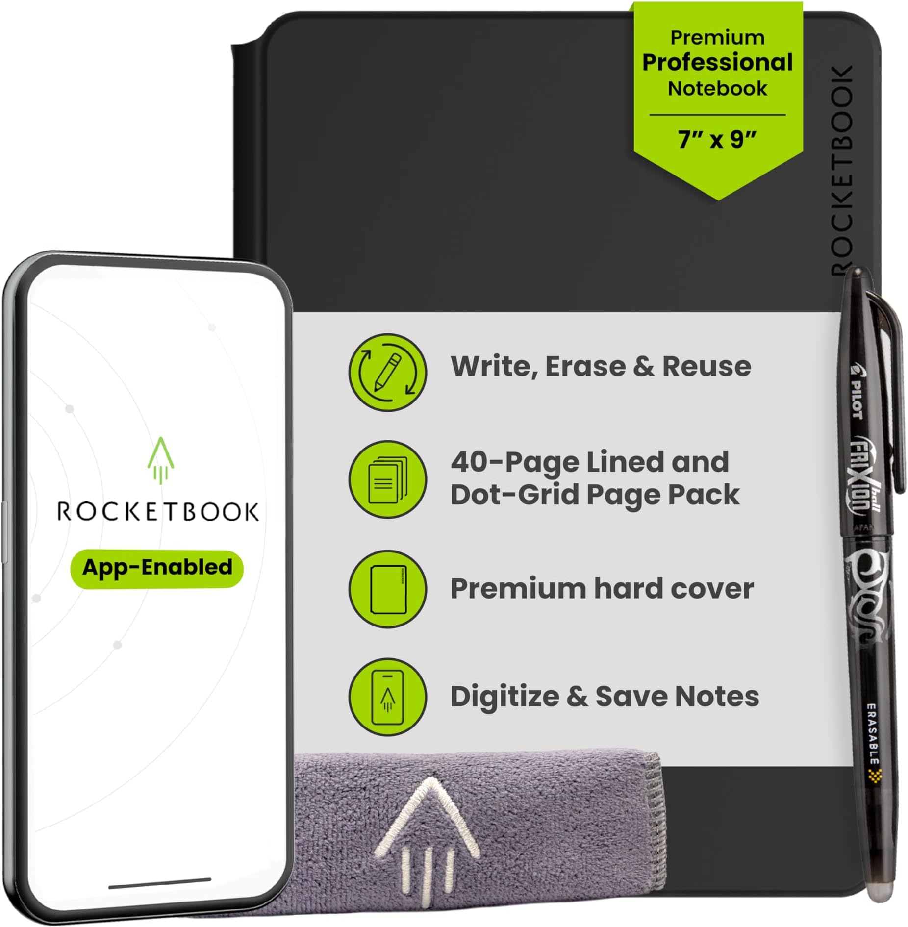 Pro Smart Reusable Notebook, Lined & Dotted Interchangeable Pages, For Work and Business Meetings, Executive 7x9, Black