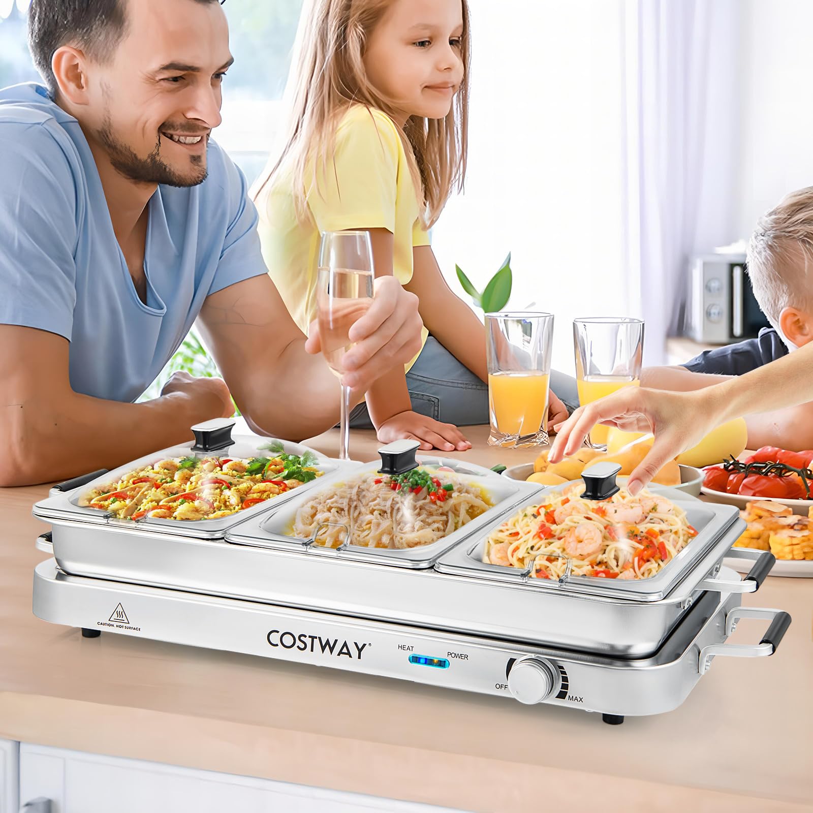 COSTWAY 2 en 1 Bandeja Eléctrica con Control de Temperatura, 450 W Calentador de Alimentos con 3 Bandejas para Servir, Bandeja Portátil de Acero Inoxidable, 9 L Servidor de Buffet