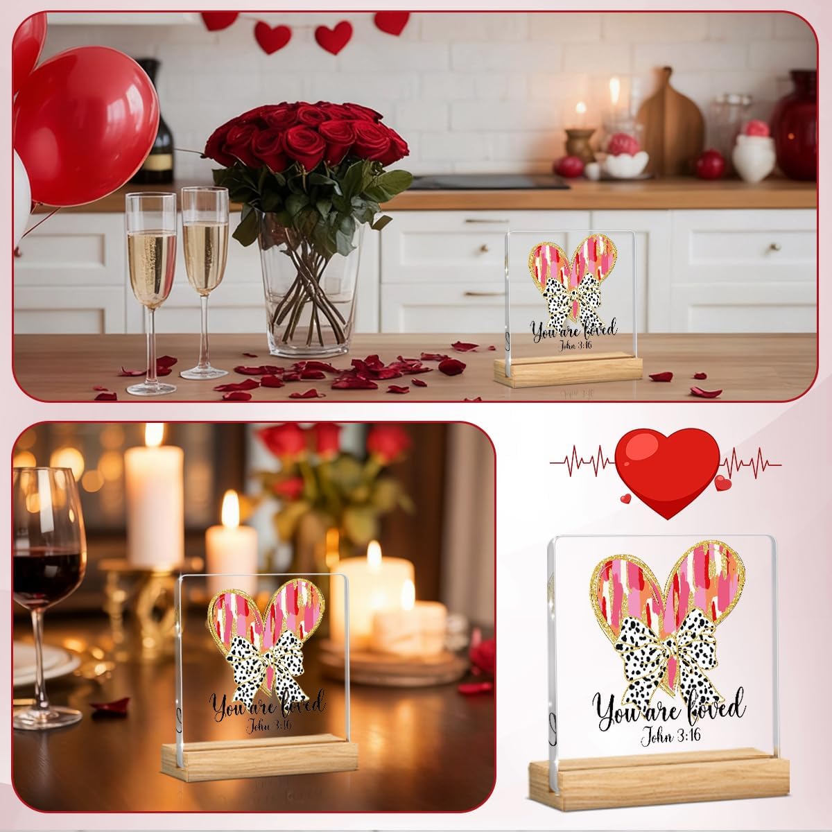Valentines Day Decorations, Valentines Day Gifts for Her Him, Gift for Boyfriend Girlfriend Husband Wife, John 3:16 Pink Love Bow Christian Acrylic Sign with Wooden Stand, Bedroom Office Desk Decor image 5