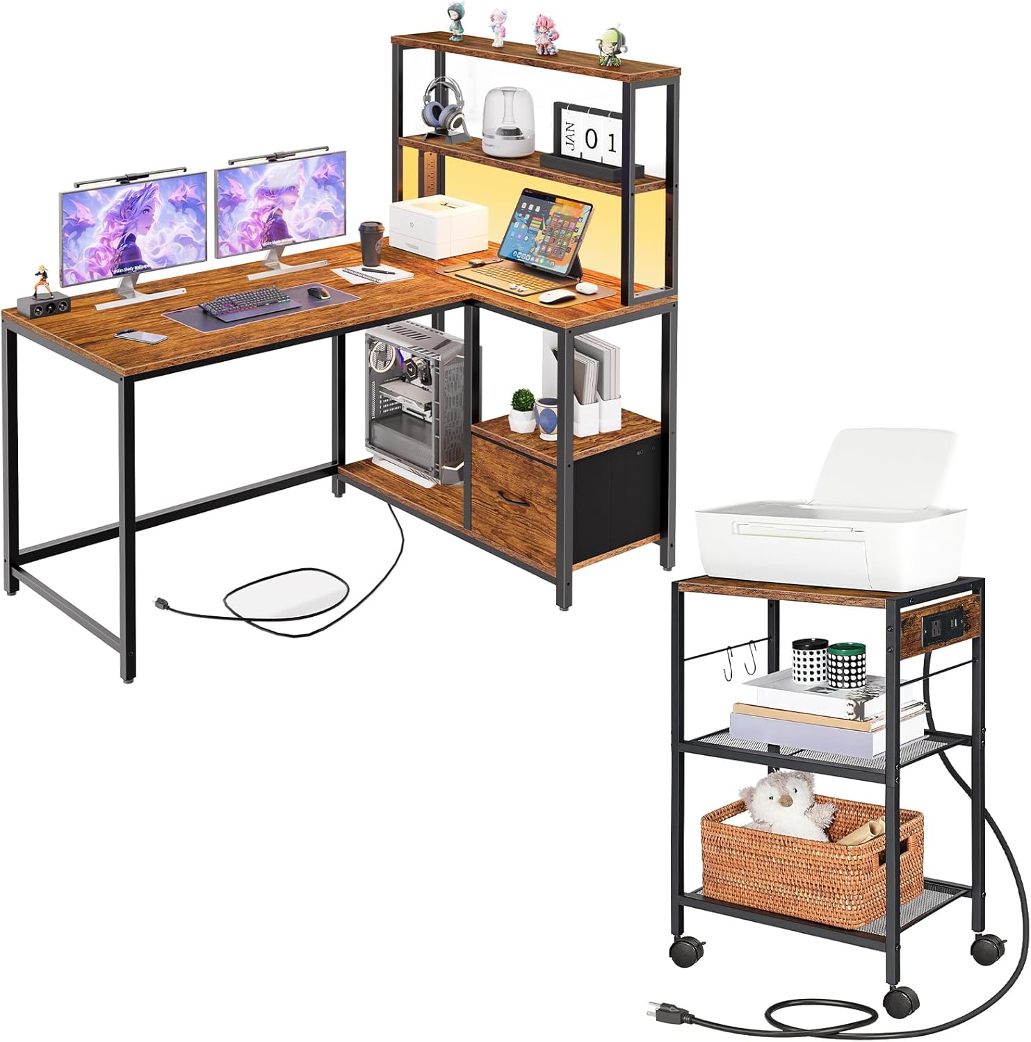 HOOBRO Industrial Printer Stand and L Shaped Gaming Desk Bundle, Reversible Computer Desk with LED Light & Power Outlet, Home Printer Stand with 2 Hooks, for Office, Living Room BF22UPS01-BF18UDDN01