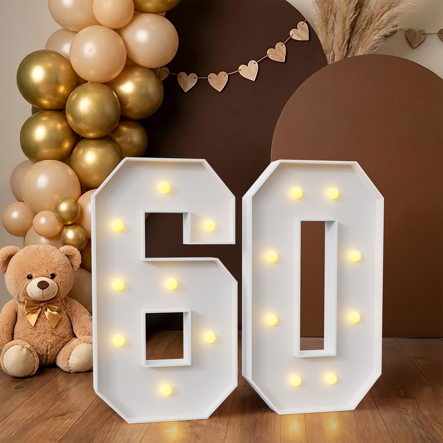 Numero 60 illuminato, grande numero illuminato per compleanno, matrimonio, proposta, festa di laurea, riunione di famiglia, grande sfondo, luci bianche calde, 60,100 cm