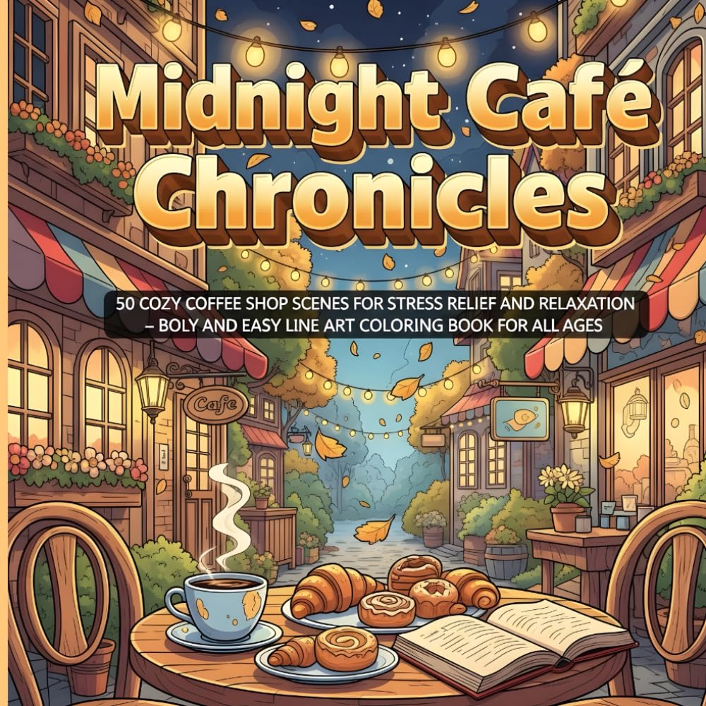 Midnight Café Chronicles: Bold & Easy Coloring Book — 50 Cozy Coffee Shop Scenes for Adults & Teens for Relaxation and Stress Relief