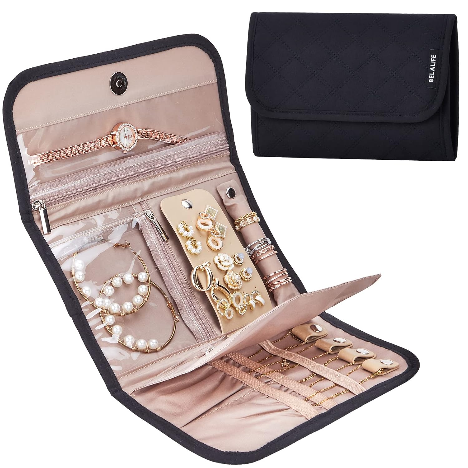 BELALIFE Travel Jewelry Case Organizer Medium Foldable Storage Roll for Earrings Necklaces Rings Bracelets Brooches Black