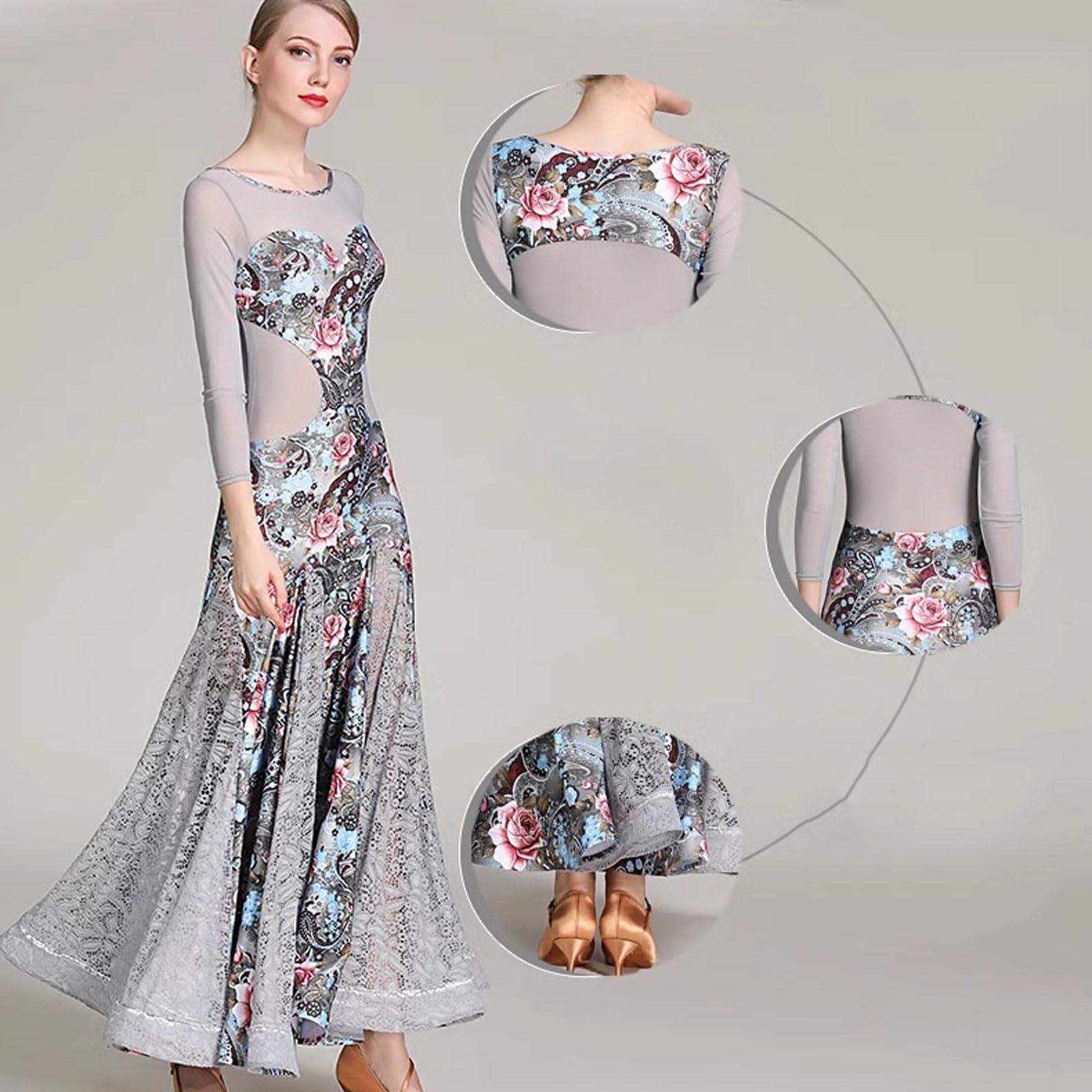 Strój Konkursowy do Tańca Towarzyskiego Strój do Tańca Tango Walc d Długim Rękawem Nadrukiem Elegancki Strój do Tańca Foxtrot Strój do Tańca Flamenco z Okrągłym Dekoltem
