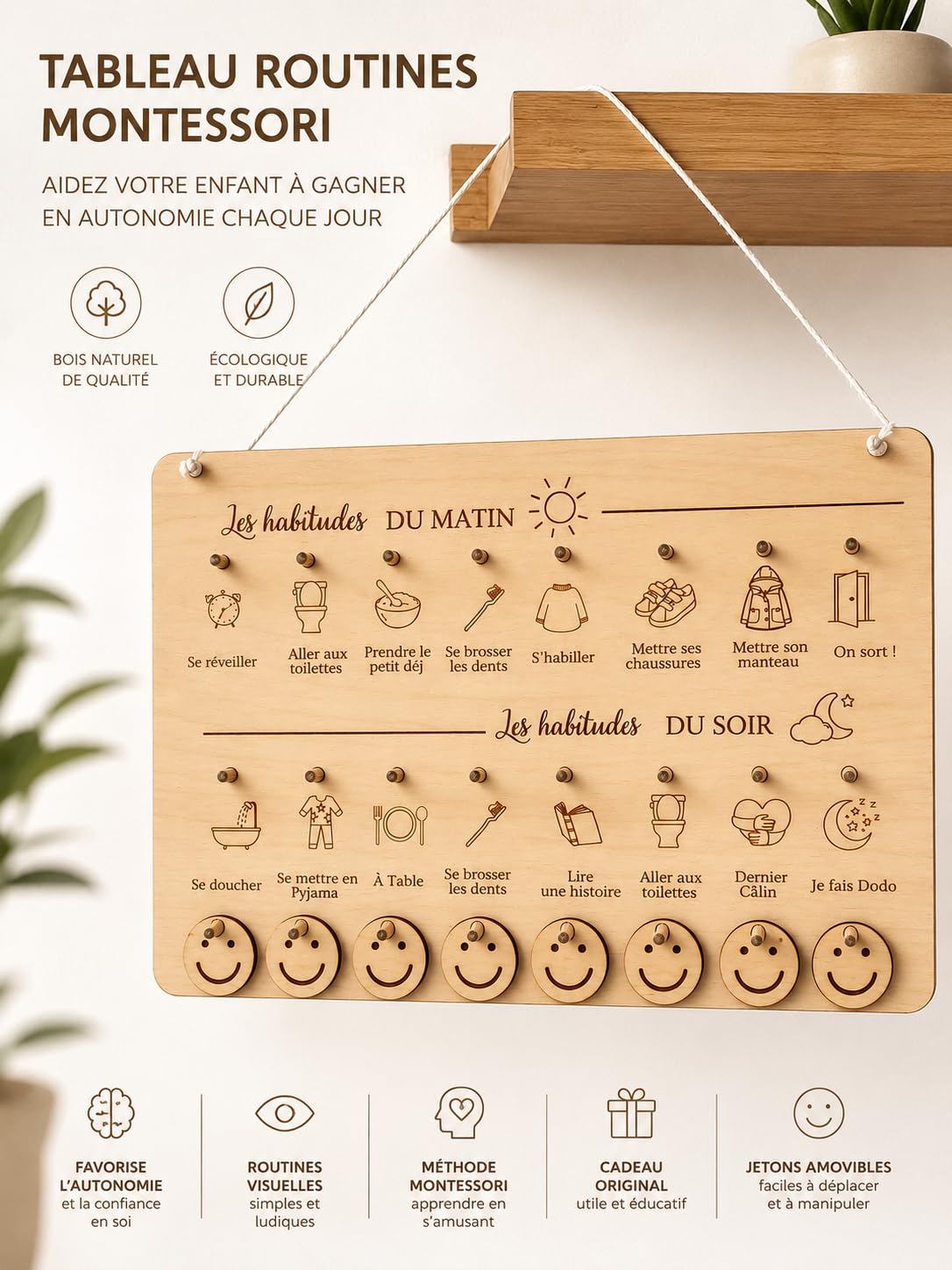 Tableau Routine Enfant Montessori Bois – Planning Journalier Habitudes Quotidiennes Matin Soir – Autonomie Enfant Smileys