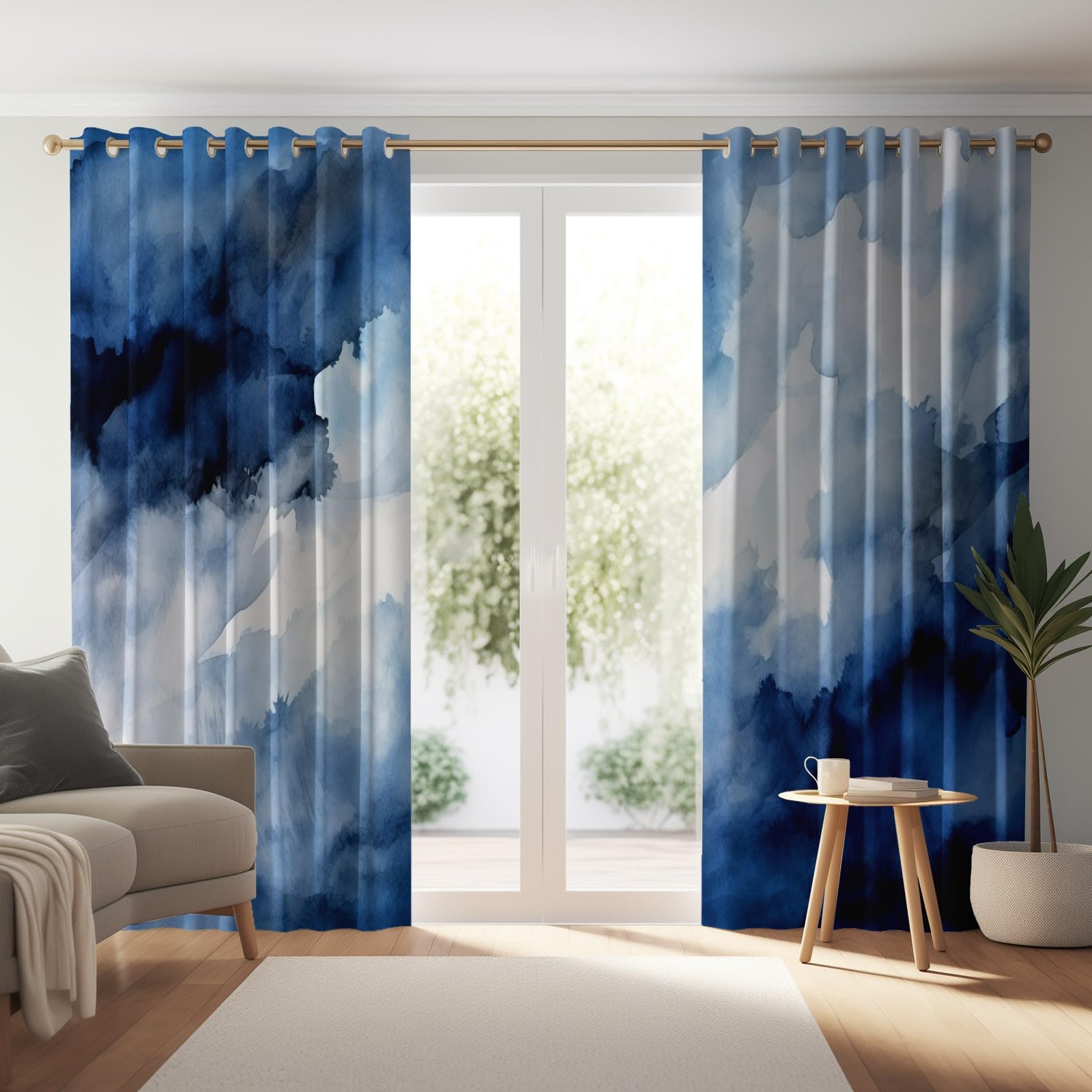 91.5L X 214H cm (2 Panneaux) Rideau Occultant Thermiques, Abstrait Nuages Aquarelle Imprimé Rideau pour Salon Chambre Fenetre Cuisine Bleu Blanc Rideaux et Draperies Intérieurs à Oeillets