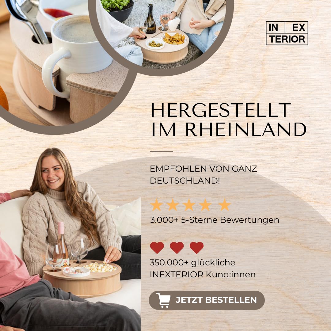 INEXTERIOR CouchBar Personalisierbar – Mit 2 Snackschalen, Getränkehaltern & Ablagefach, Handgefertigt In DE