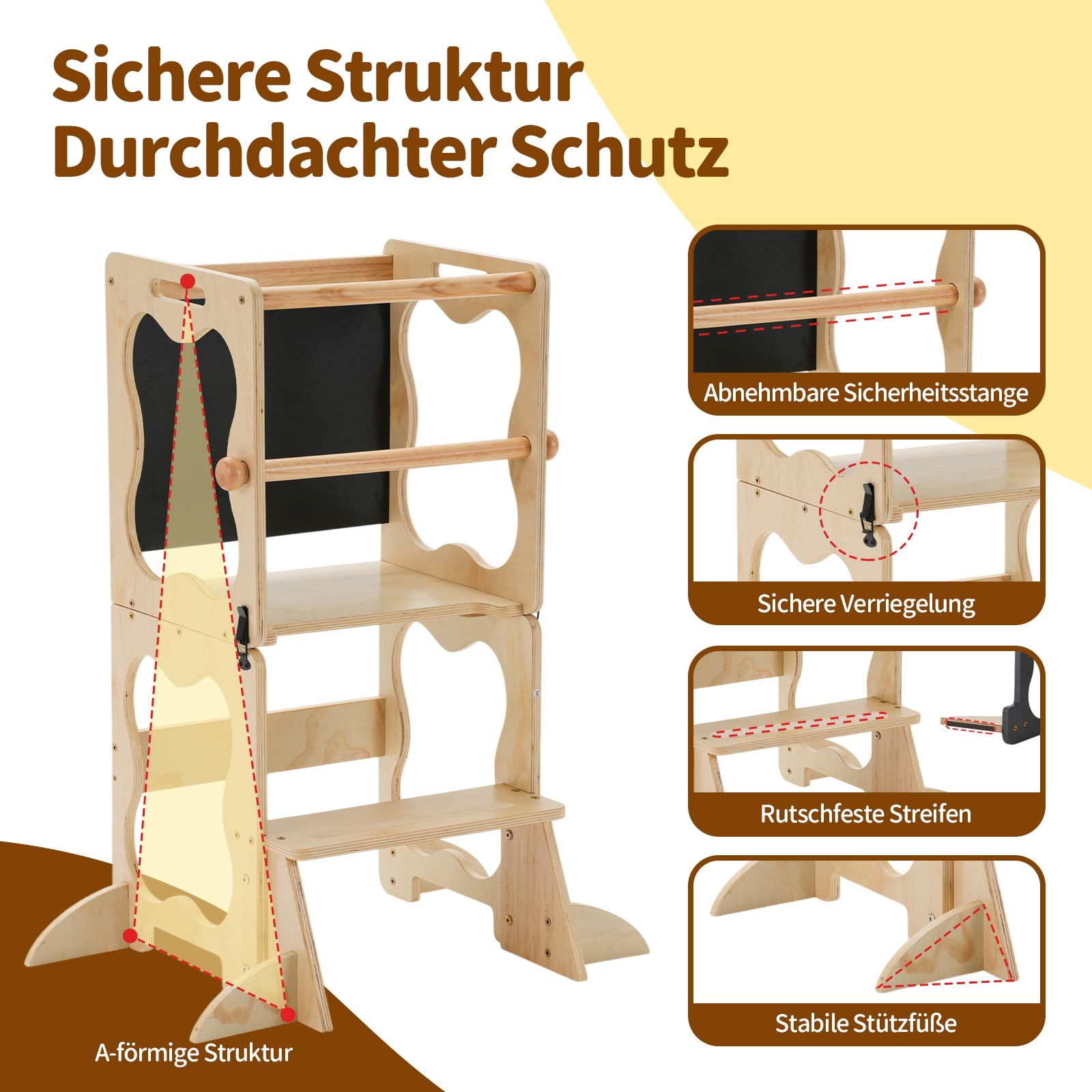 COSYLAND Lernturm Kinder 3in1 Küchenhelfer mit Tafel & Geländer Natur | wandelbar zu Tisch & Stuhl, ideal für Küche, Spielen und Lernen, stabil und sicher