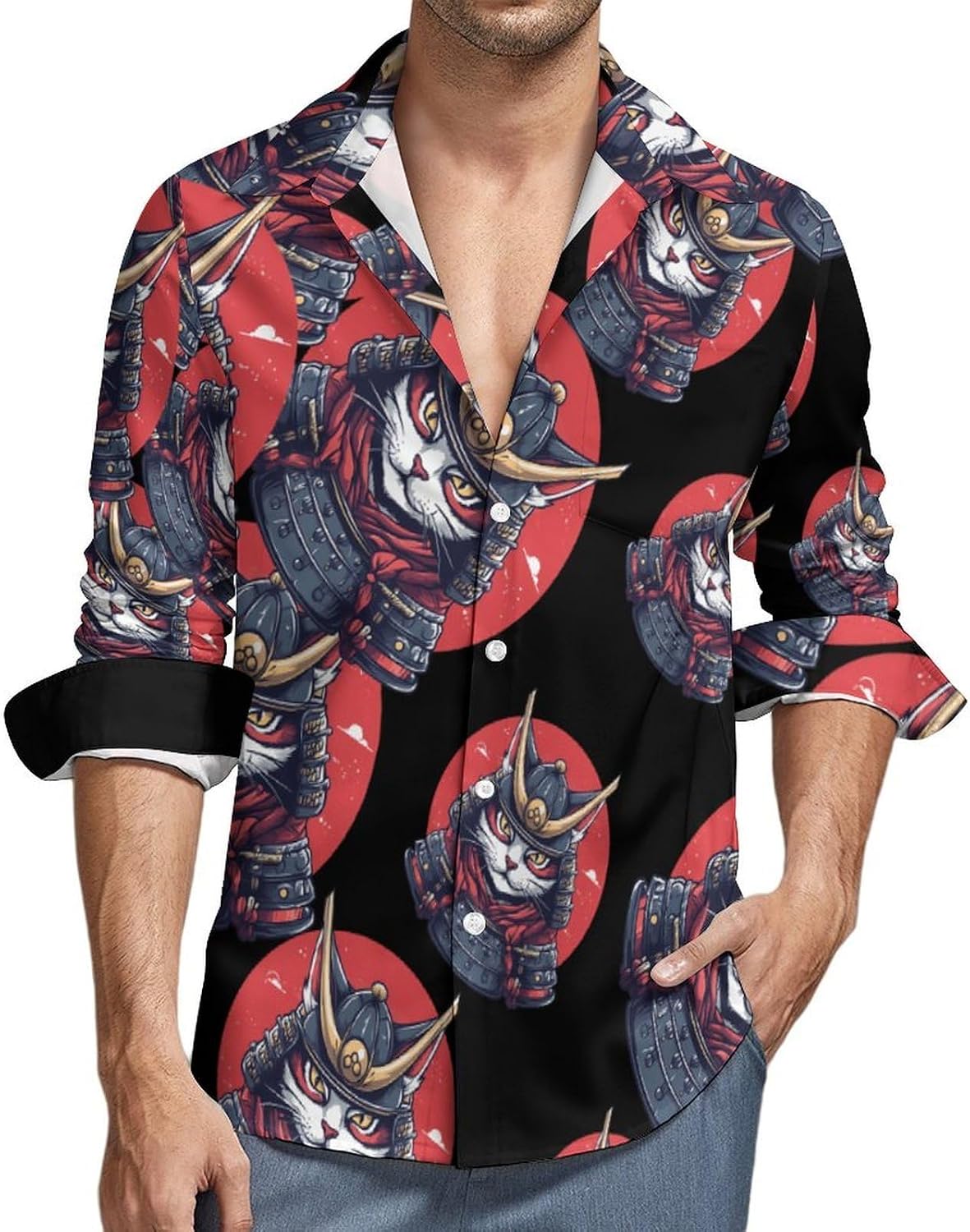 Japanese Samurai Cat Tattoo Long Sleeve Shirts Casual Dress Shirt Button-down T-shirts for Men
