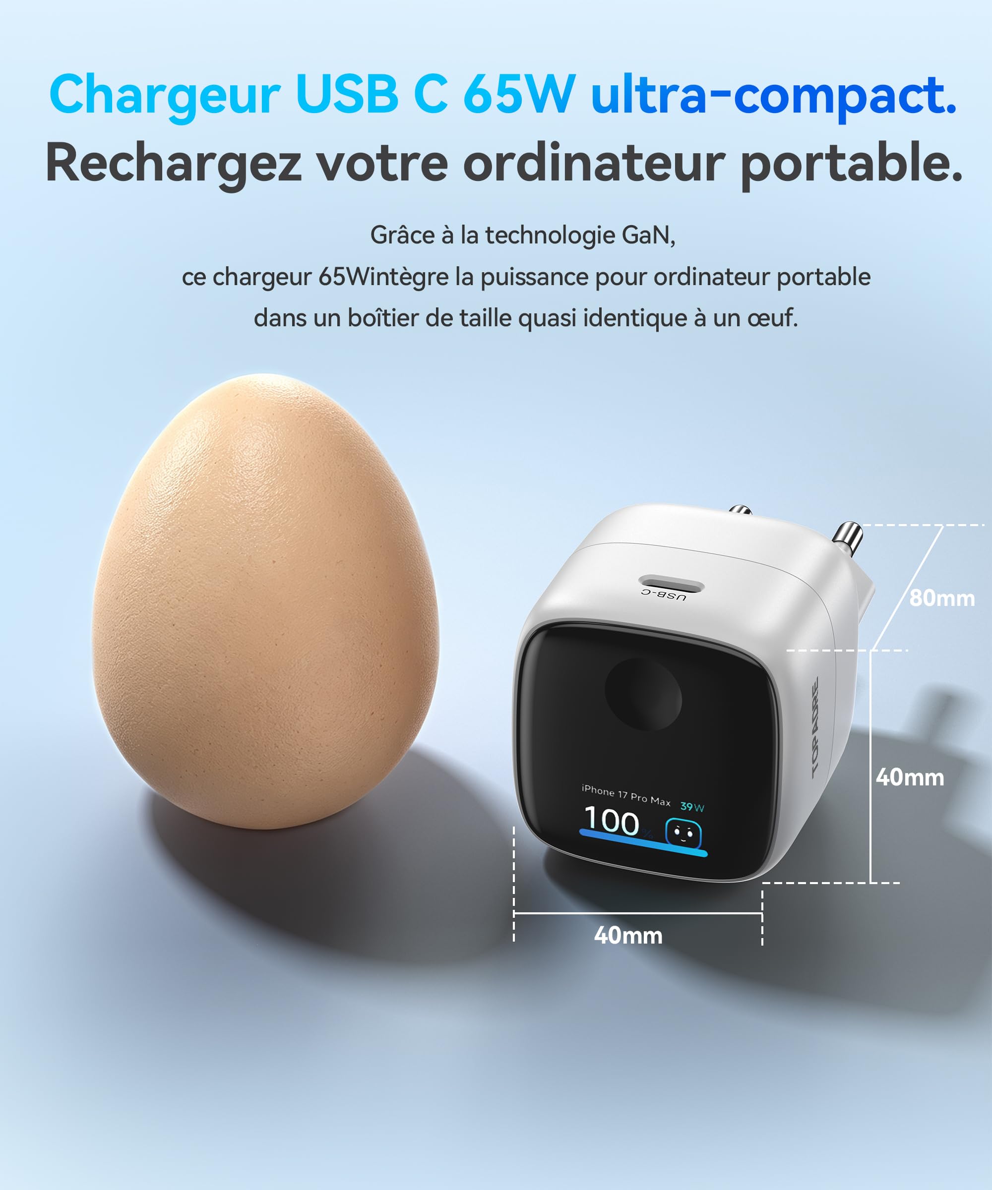 TOPADRE Chargeur USB C 65W avec écran Tactile Intelligent, Charge Rapide PD