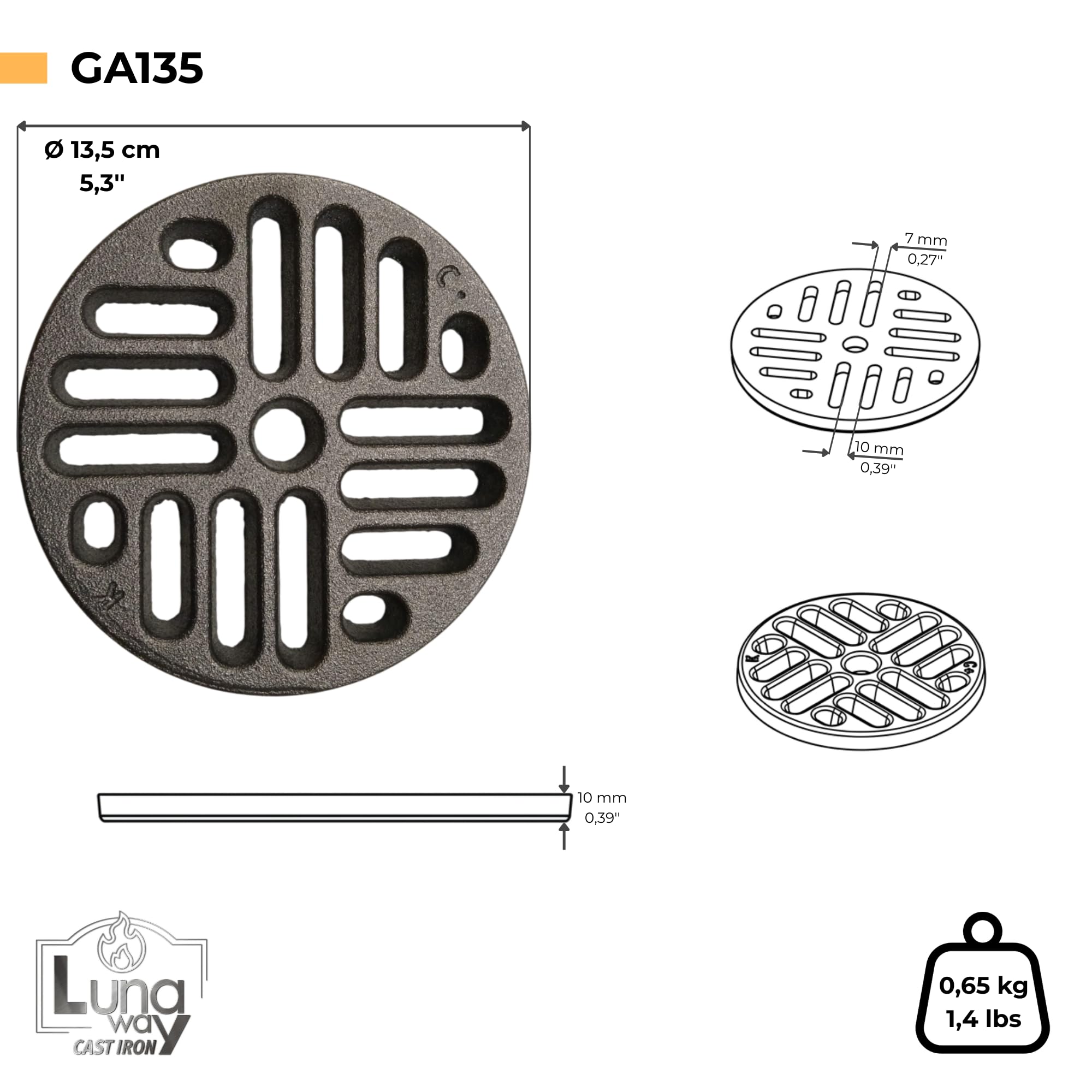 Rejilla de ceniza de hierro fundido circular | Reemplazo universal para estufas de madera, chimeneas y hornos | Grosor 1 cm, Ventilación optimizada | Diámetro 13,5 cm