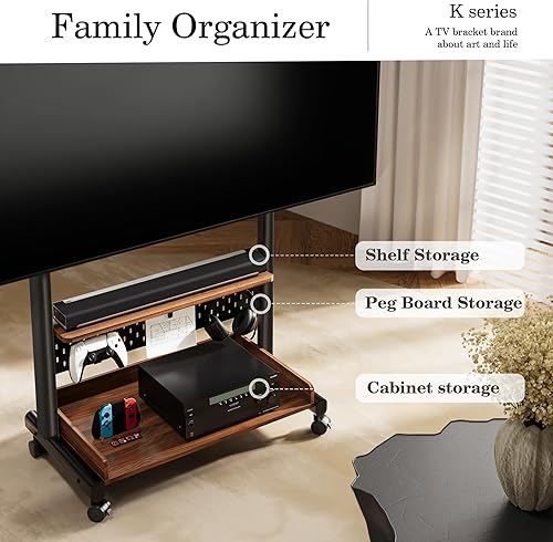 Miniatura 9 de FITUEYES Soporte de TV rodante, soporte de TV portátil con ruedas para TV de 40 a 85 pulgadas, carrito de TV móvil con estante de madera para sala