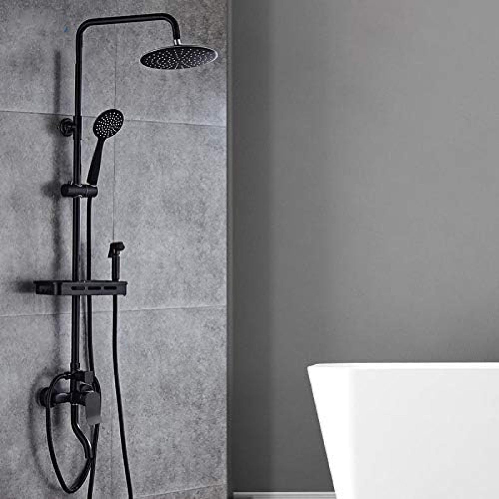 GLJTUO Black Bathroom Shower Faucet Set Brass 8 Inch Rainfall Shower Head Faucet and Shower Hand Brass Bathtub Spout Mixer with Free Shelf