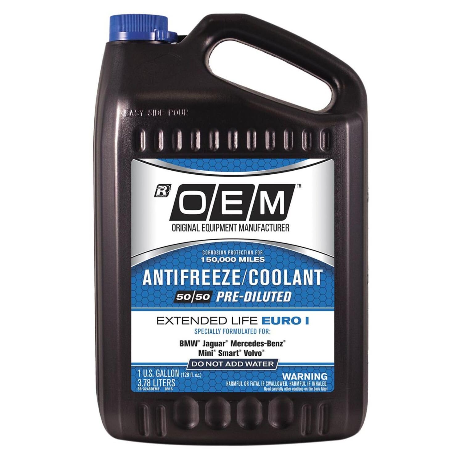 OEM Recochem European Vehicles Premium Antifreeze 50/50 Extended Life Coolant - Euro I Blue, 1 Gallon, 4 Pack