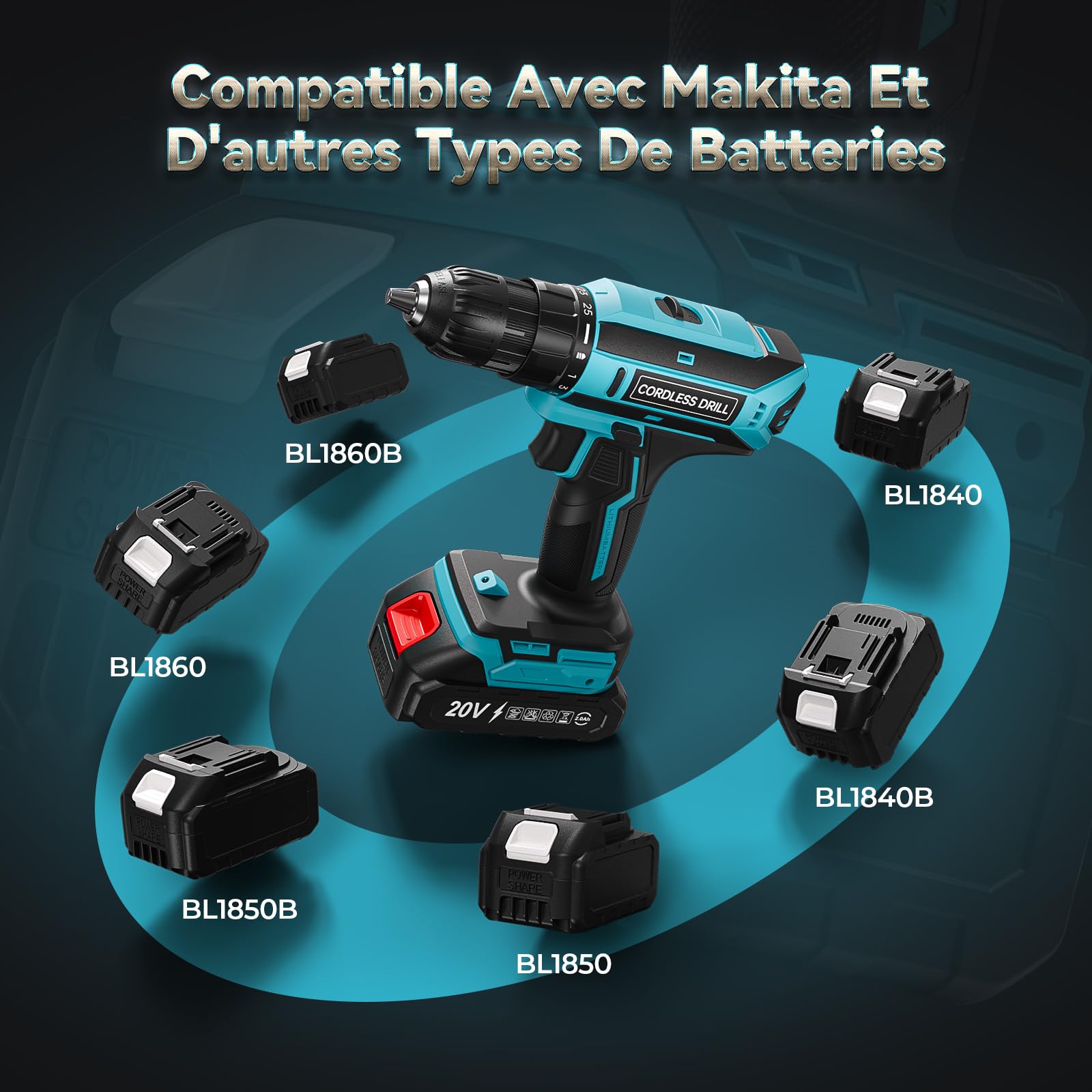 Perceuse Visseuse Sans Fil 20V Compatible Batteries Makita, 42Nm, 2 Vitesses LED, 25+1 Couple, 10mm Mandrin