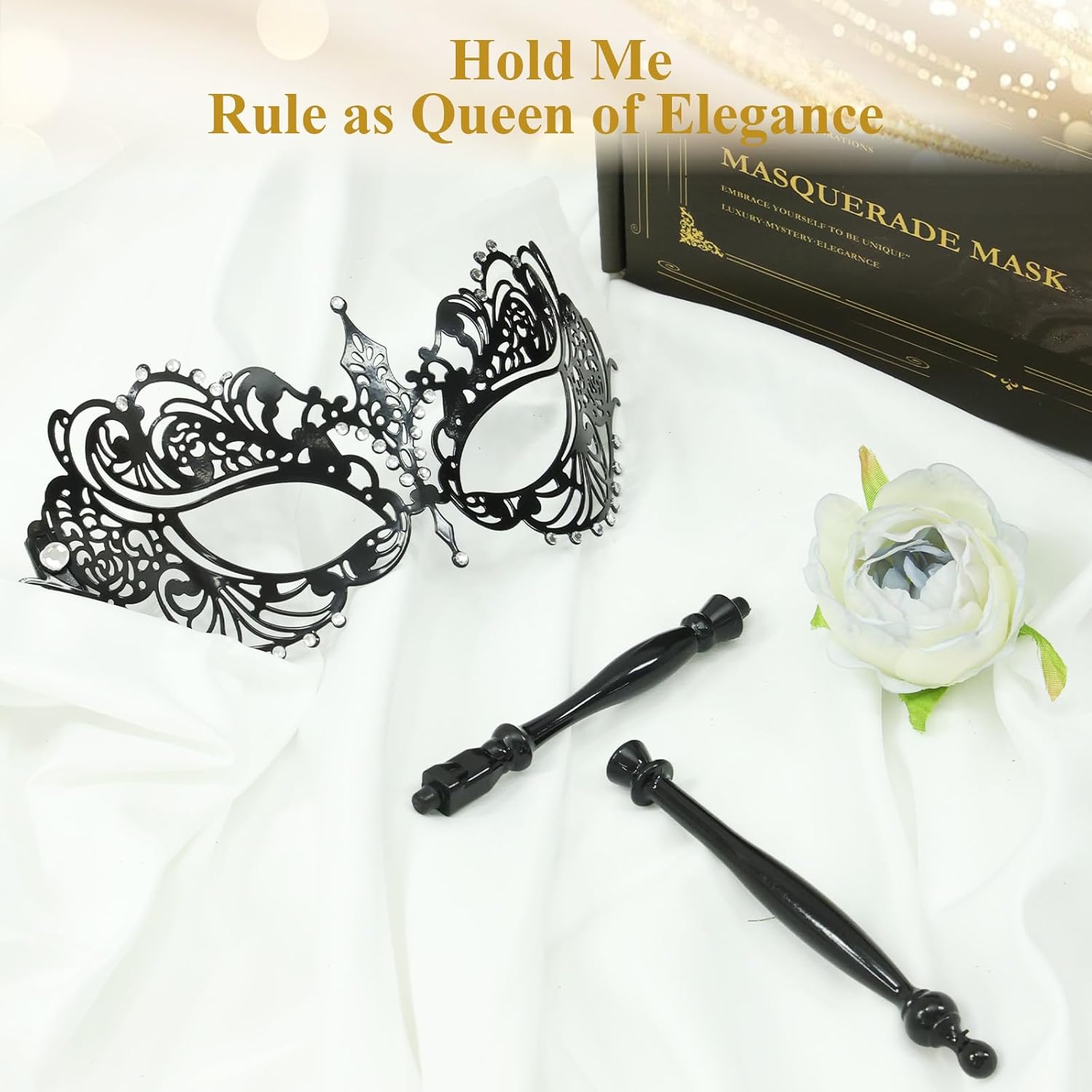 Masquerade Mask for Women with Stick, Metal Venetian Mask for Masquerade Party Costume Prom Ball - Image 8