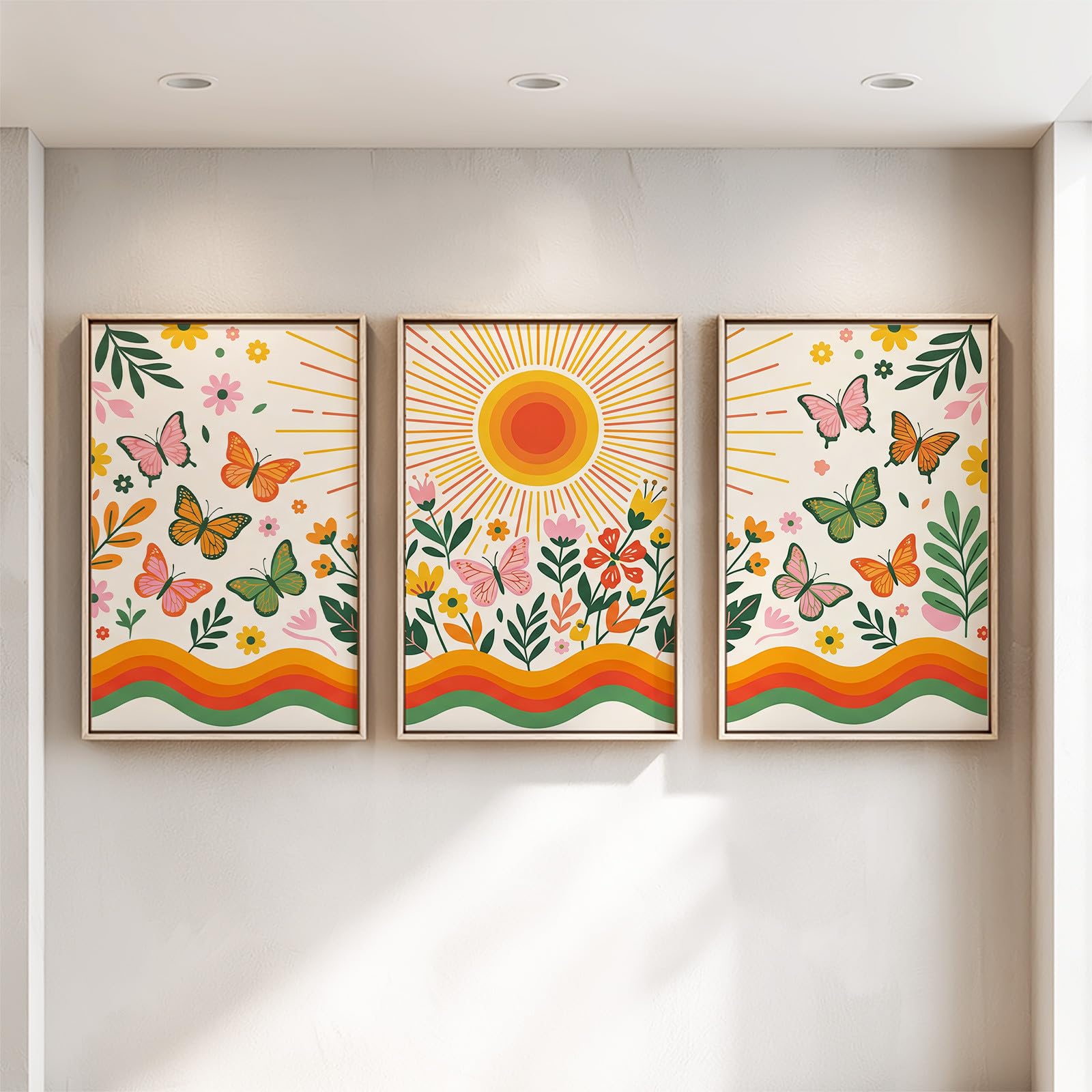 Generisch 3-teiliges Wandbild Leinwand Set 50 x 70, Ohne Rahmen Triptychon Ästhetische Kunstdrucke Vintage Verspielt für WohnzimmerSchlafzimmer, Botanisch Floral Zweig Schmetterling Sonne Regenbogen