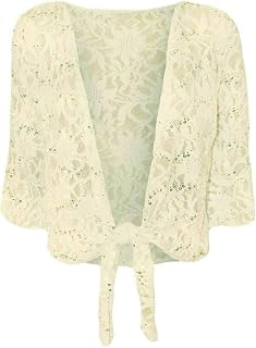 Ny blommig spets för kvinnor 3/4 ärm cardigan damer framsida knytning paljett kort bolero stretch beskuren topp plusstorlek, Grädde, 48/50/Stor