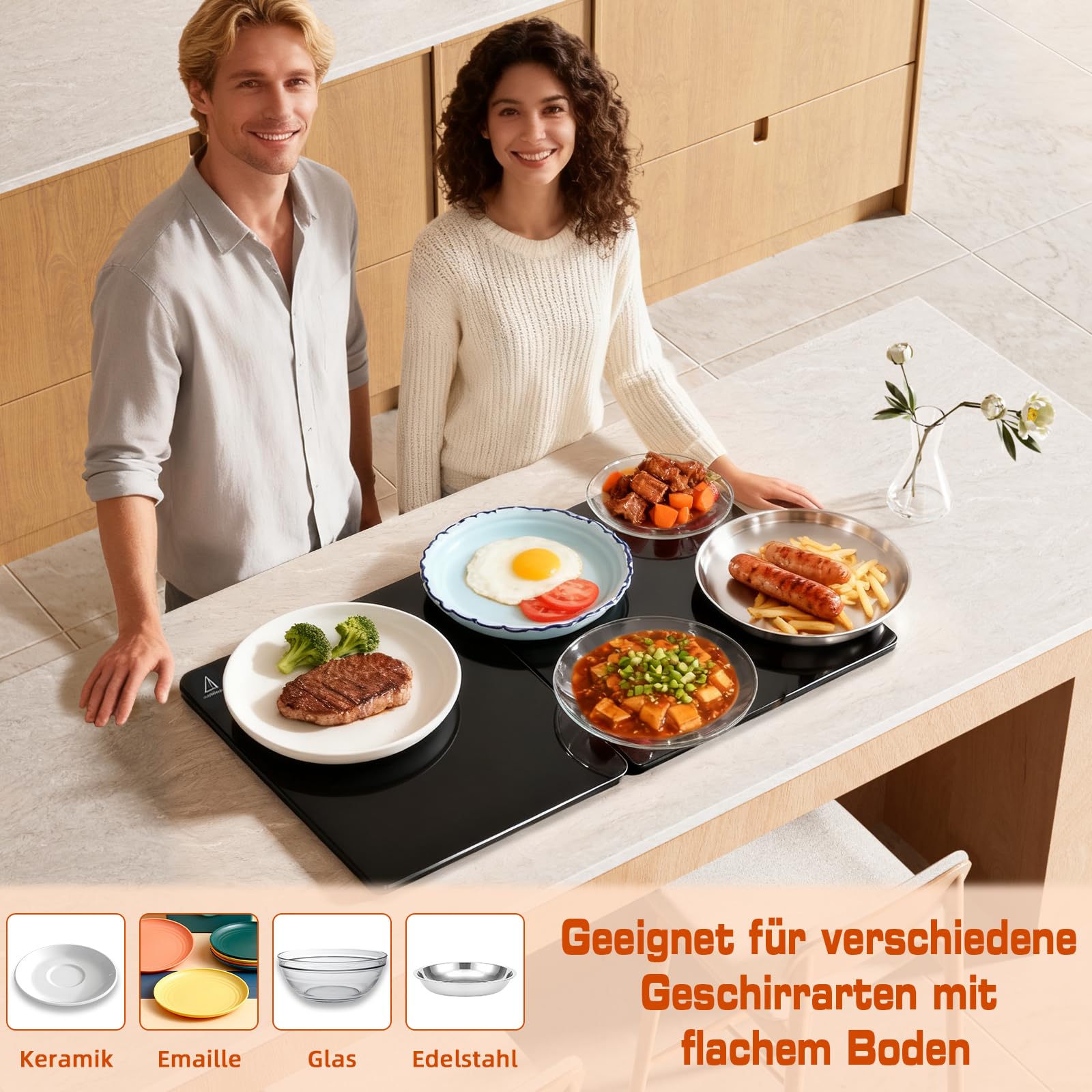 Elektrische Warmhalteplatte für Speisen, Speisenwärmer mit Temperaturregelung & Sicherheitsfunktion, Große Glasoberfläche 80x30cm Faltbares Wärmeplatte, Warmhalten oder Auftauen von Speisen