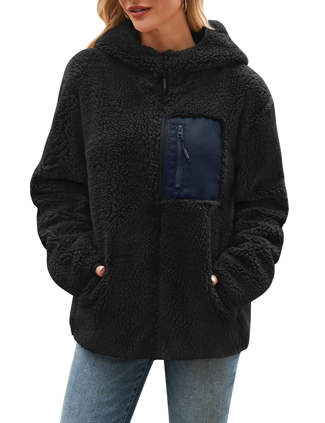 Fleecejacke Damen Winter Teddyjacke mit Kapuze Teddyfleece Kapuzenpullover Warme Herbstjacke Winterjacke Sherpa Damen-Jacken Zipper Hoodie Mantel Outdoor Plüschjacke mit Taschen