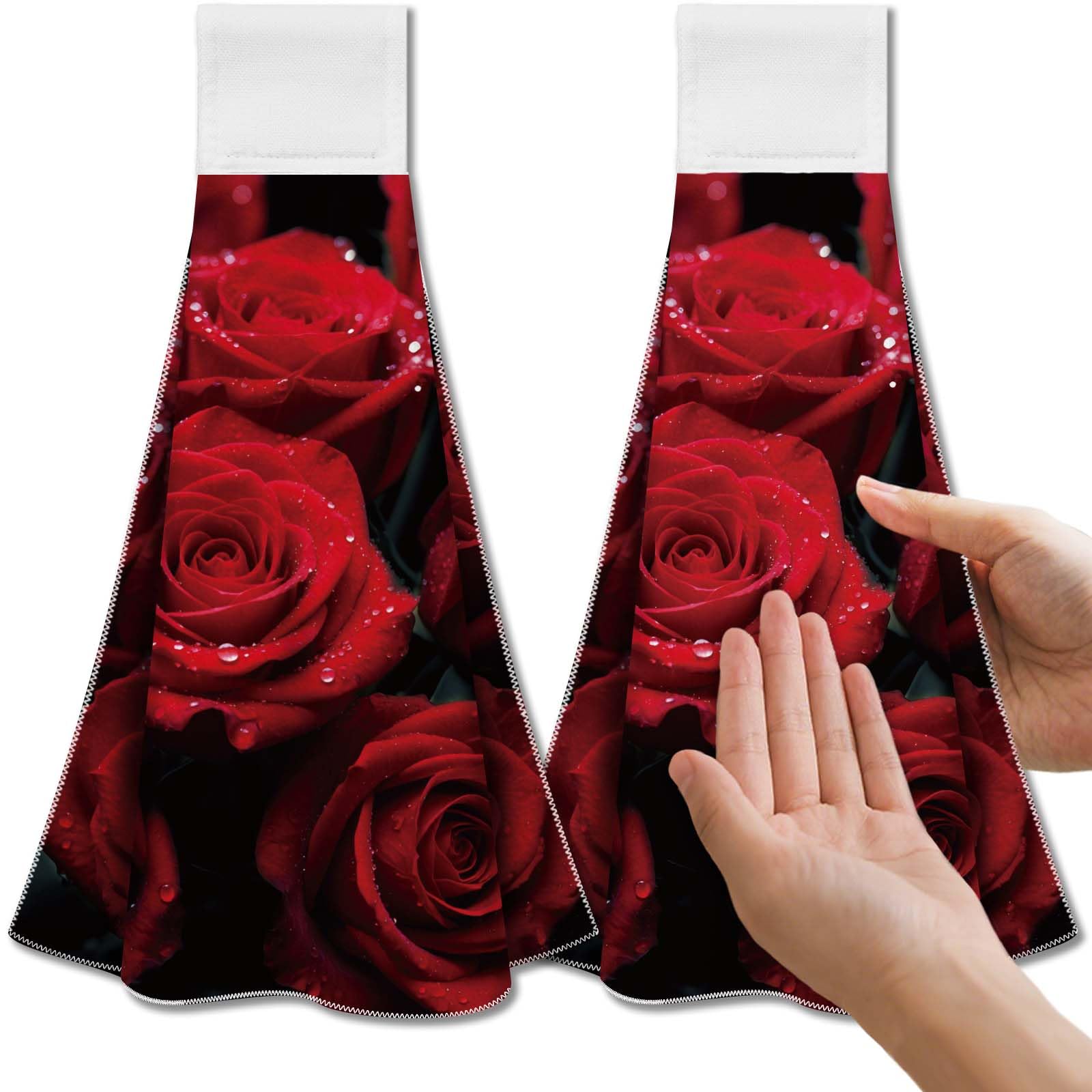 CUTHOLLOW 2 Pcs Red Rose Hanging Kitchen Towels with Loop