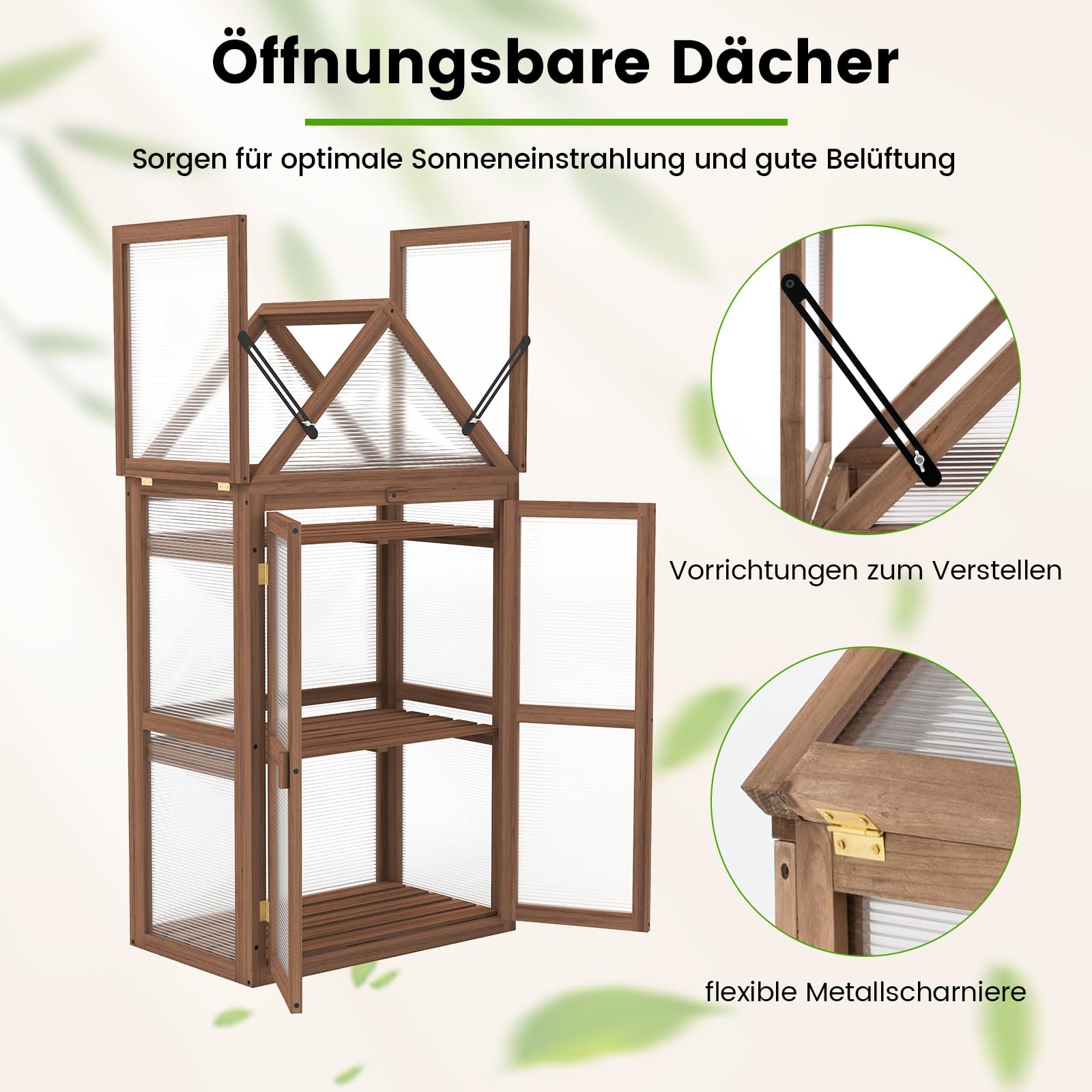 GOPLUS Mini Gewächshaus, 3-stöckiges Anzuchthaus, Treibhaus Holz, erhöhtes Pflanzenbeet mit transparentem Doppeltüren & aufklappbarem Dach, Frühbeet Tomatenhaus Aufzuchtschrank für Garten, Hof, Balkon