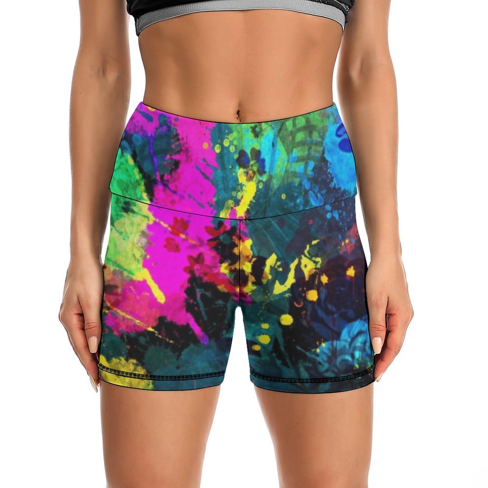 Glow in Dark Splatter Neon High Waist Yoga Shorts for Women Athletic Shorts Leggings Running Pants