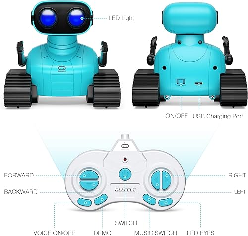 Miniatura 5 de ALLCELE - Robot de juguete a control remoto recargable con música y ojos de luces LED regalo para niños a partir de 3 años color azul Azul claro,