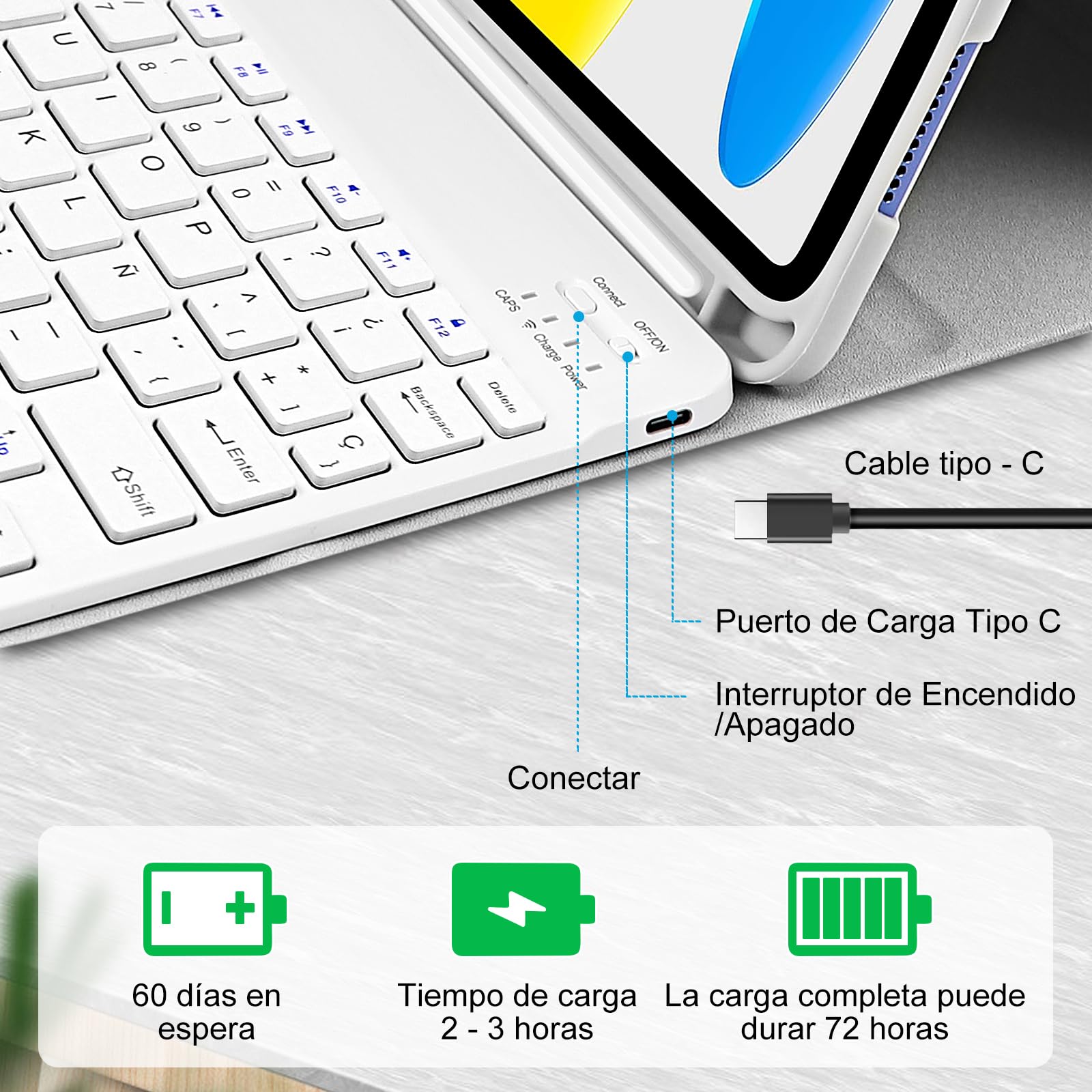 Funda con Teclado para for iPad A16 11ª /10ª Generación (10,9 Pulgadas 2022/11 Pulgadas A16 2025), Funda Teclado iPad 11/10 Gen Bluetooth Inalámbrico Desmontable, QWERTY Español Ñ