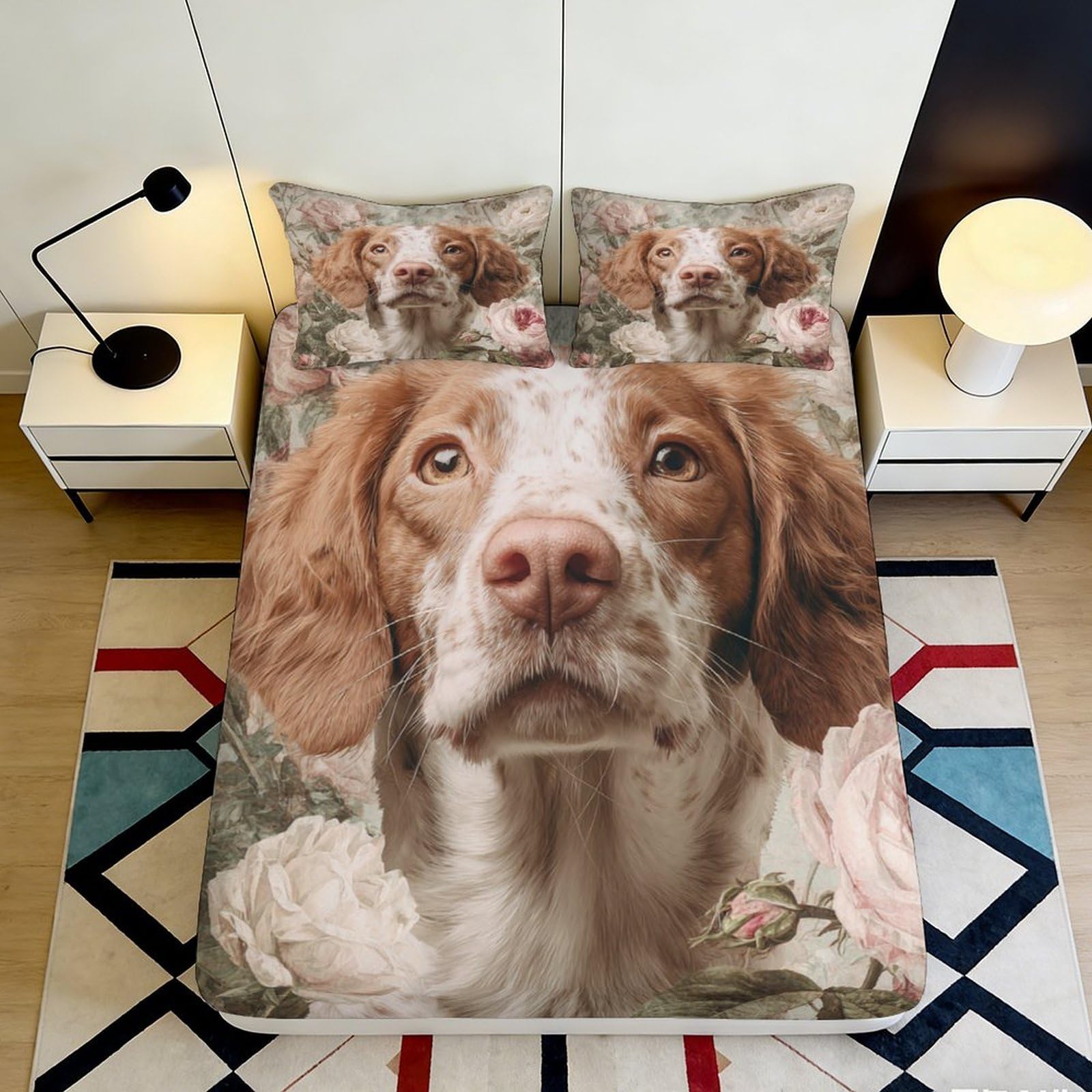 3D Printed Brown White Dog Fitted Sheet Microfiber Soft Animal Floral Bed Sheet for Bedroom Guestroom Decor 90x200x25cm