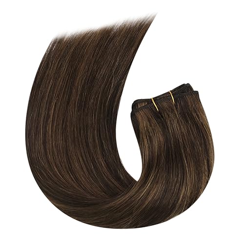 Miniatura 9 de Moresoo Extensiones de cabello humano de 22 pulgadas, doble trama, cosidas, extensiones de cabello humano castaño oscuro con mechas de cabello