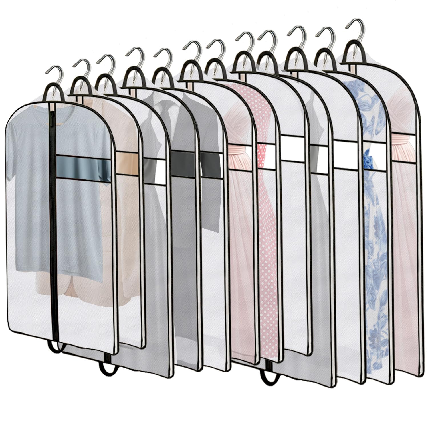 Clothes Cover Bags for Storage, Hanging Garment Covers with Zipper, Dust & Moth Proof, Breathable Suit & Dress Protector for Wardrobe and Travel, Pack of 12 (3 Sizes)