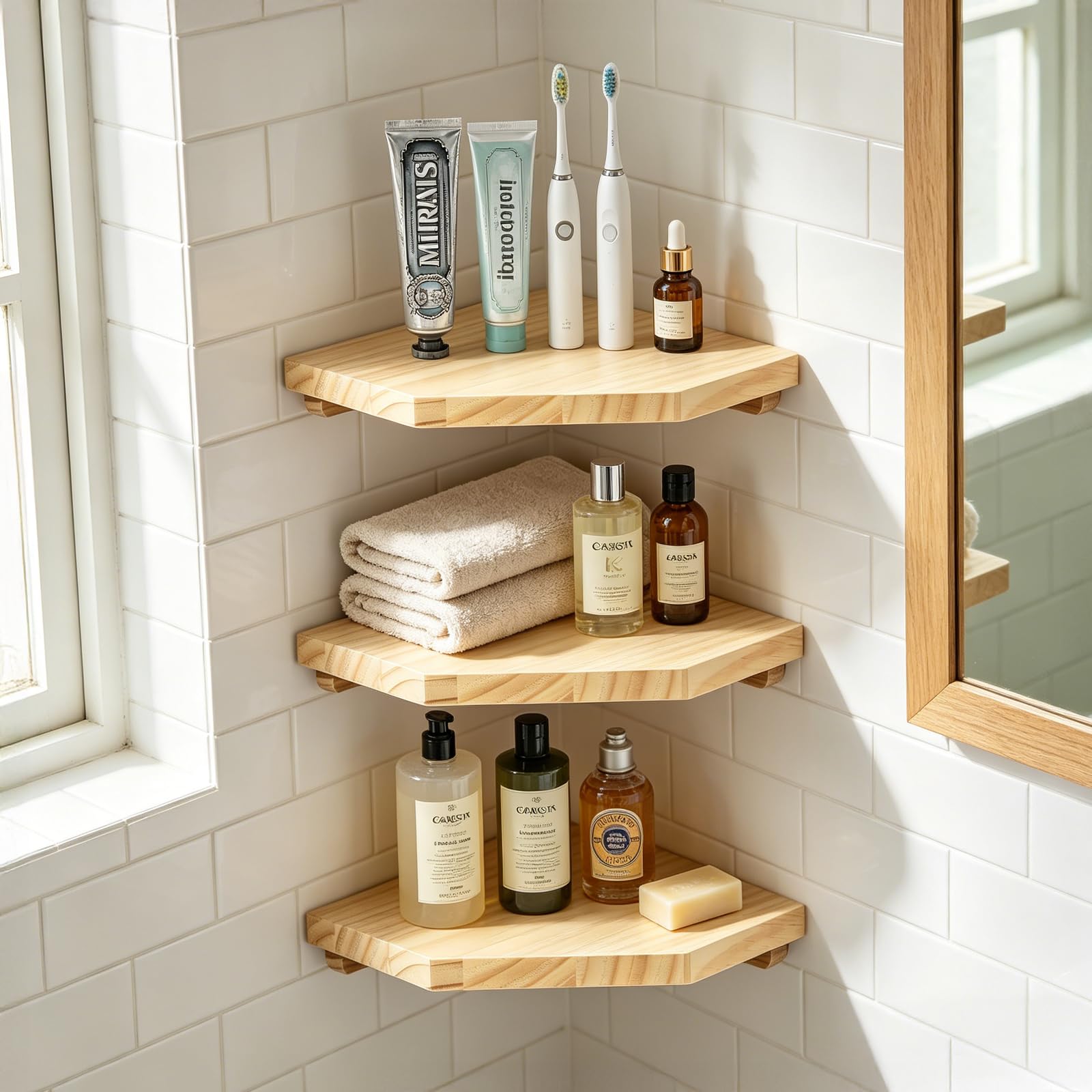 lalago 3 Pièces Étagère d'angle Suspendue 28,5cm, Étagère d'angle en Massif Couleur Bois Naturel, Extrémités Rondes Murale Bois pour Salle de Bain, Cuisine, Chambre à Coucher, Salon