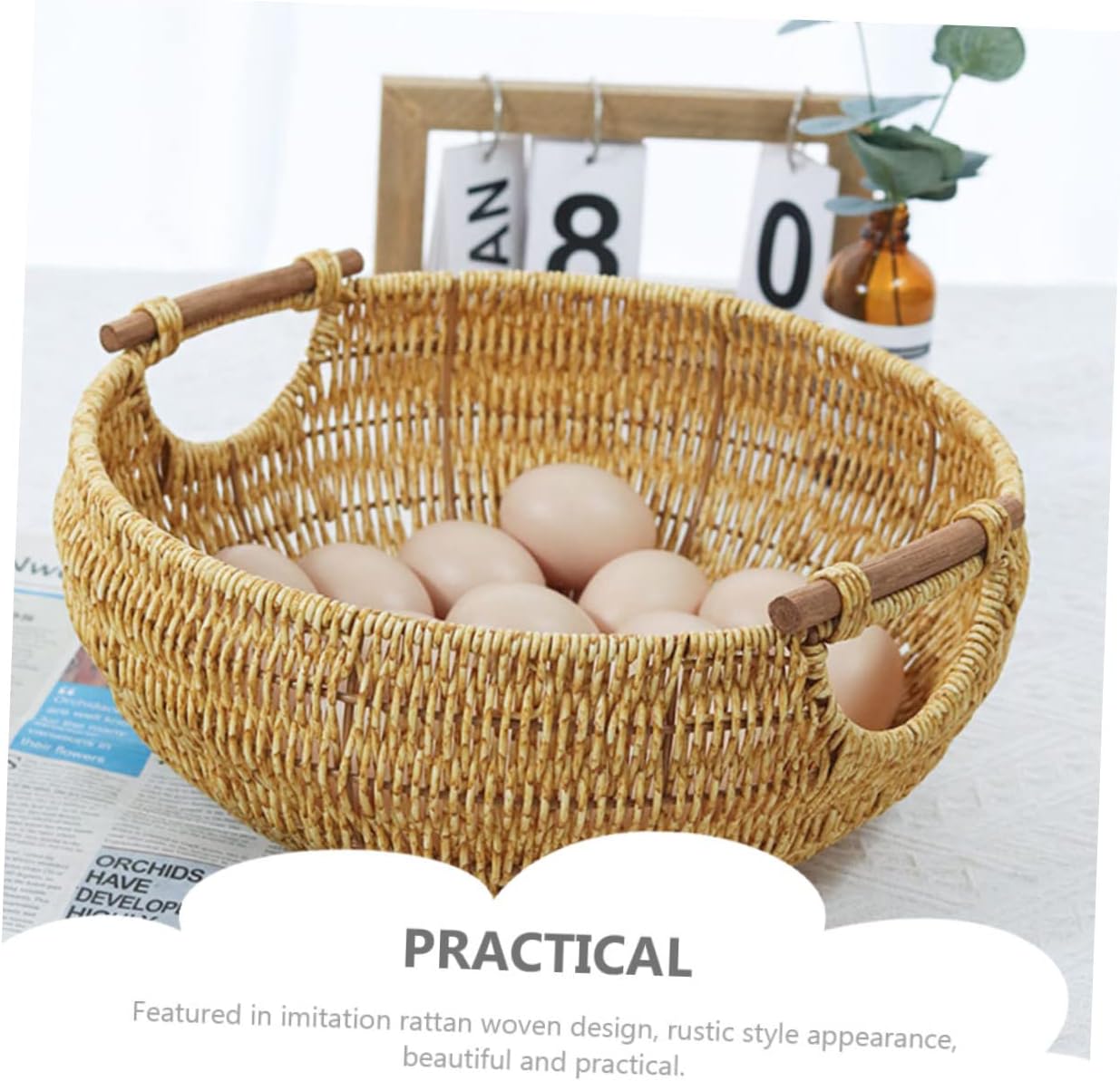 Woven Storage Basket with Double Handles Hand Woven Picnic Basket for Home Organization Rustic Imitation Rattan Design for Storing Sundries and Eggs Decorative Desktop Accessory